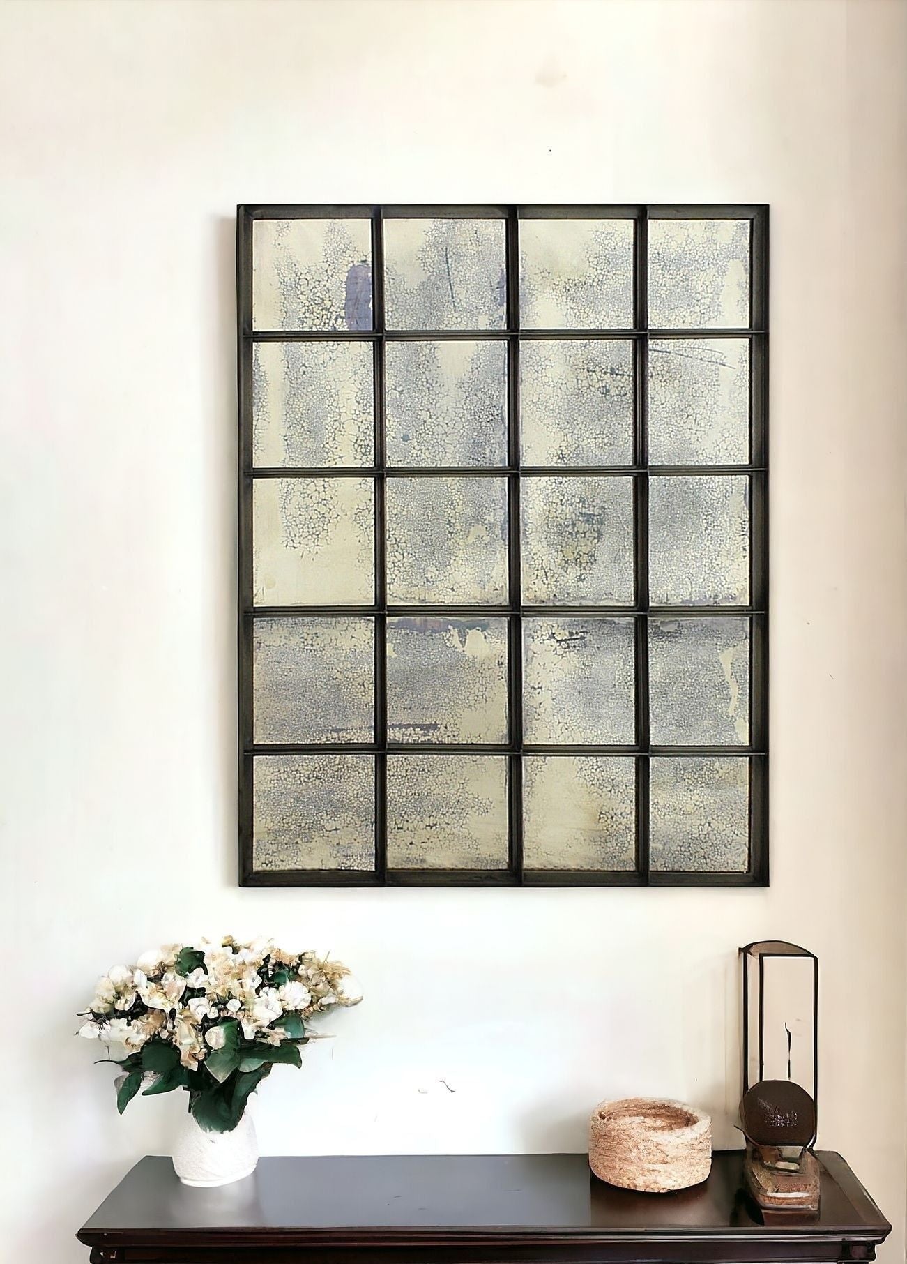 54" Metal And Antiqued Glass Multi Pane Framed Accent Mirror - Antiqued