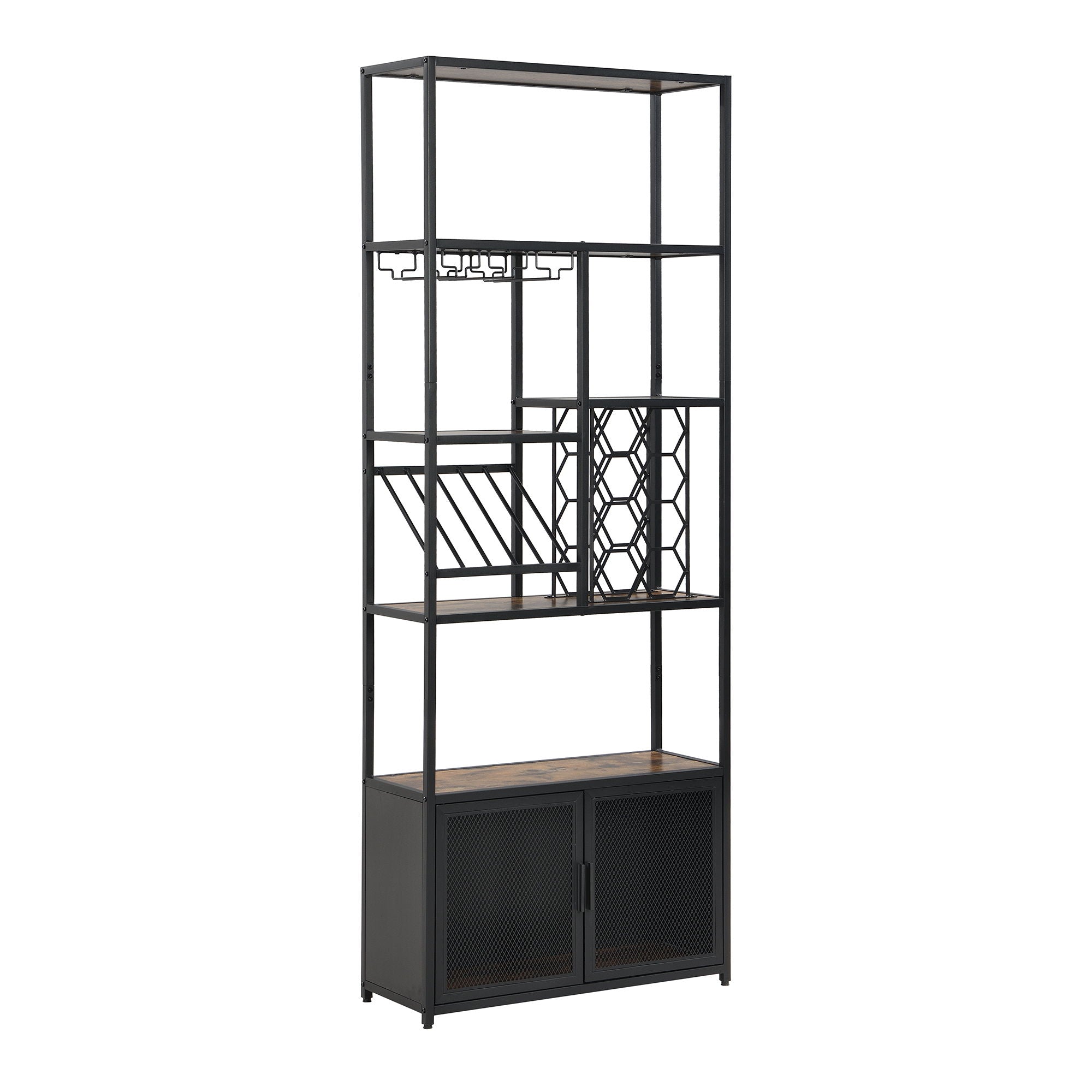 82.7" Industrial Standing Wine Rack With Glass Rack Tall Freestanding Floor Bar Cabinet - Walnut / Black