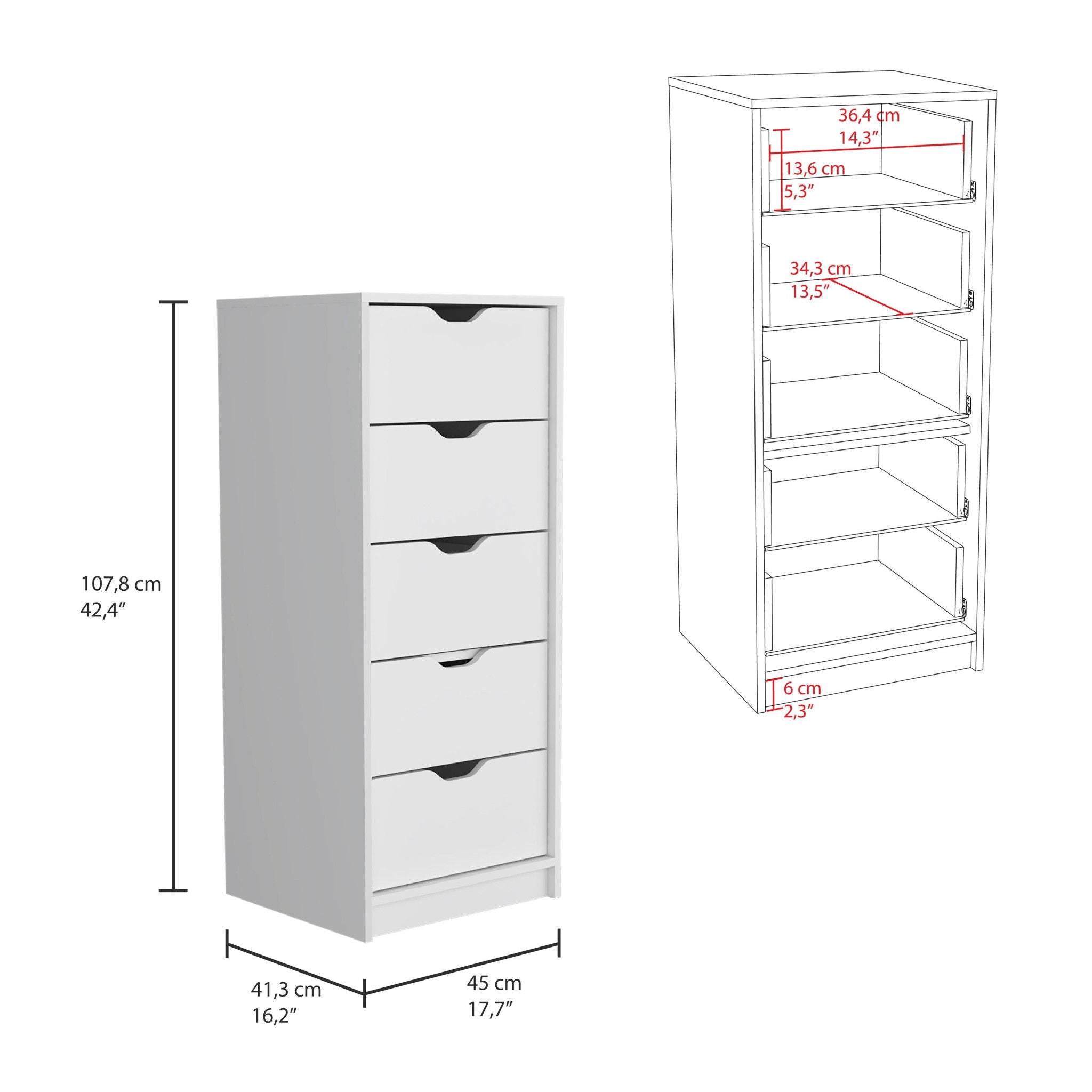 Manufactured Wood Five Drawer Tall And Narrow Dresser - White