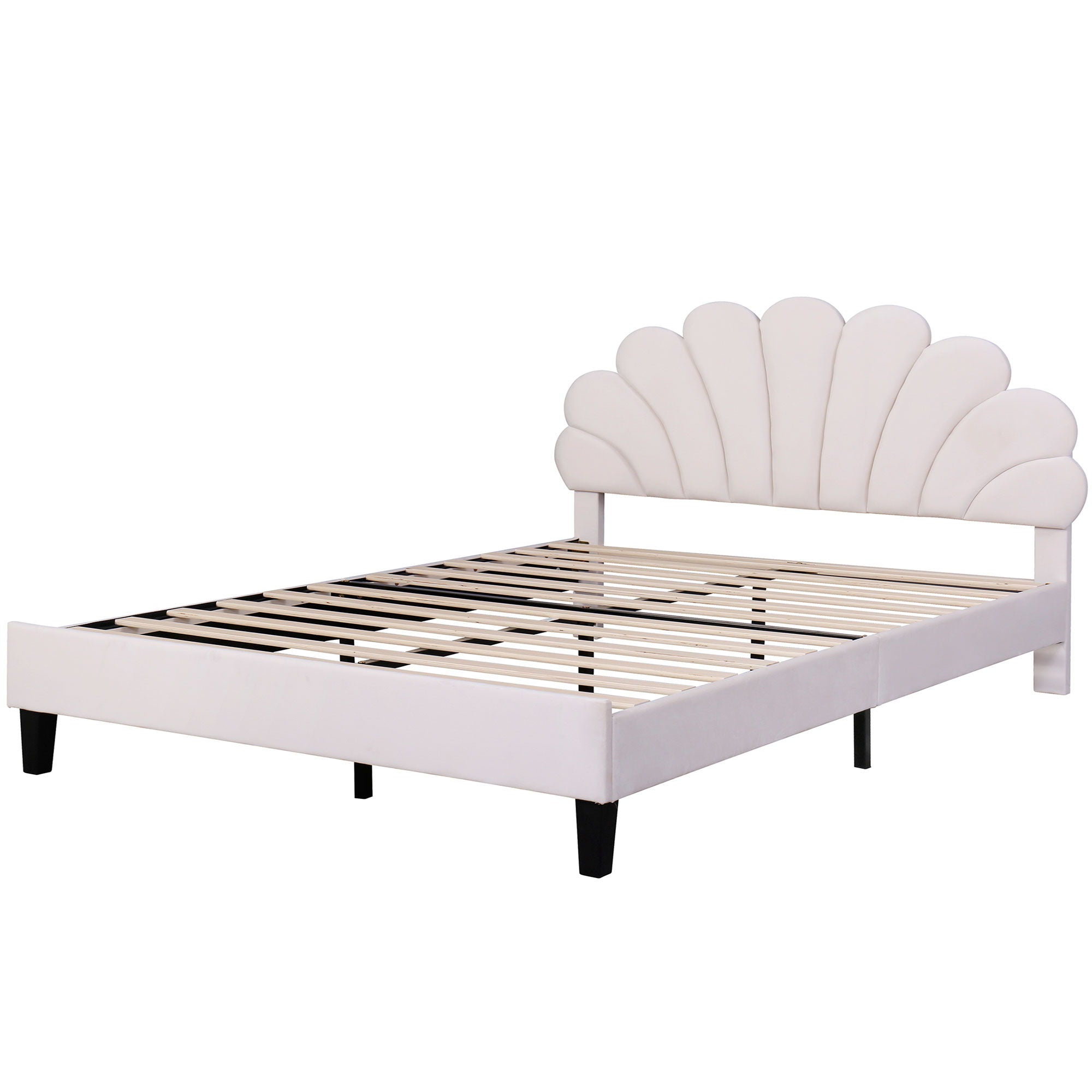 Upholstered Platform Bed With Flower Pattern Velvet Headboard