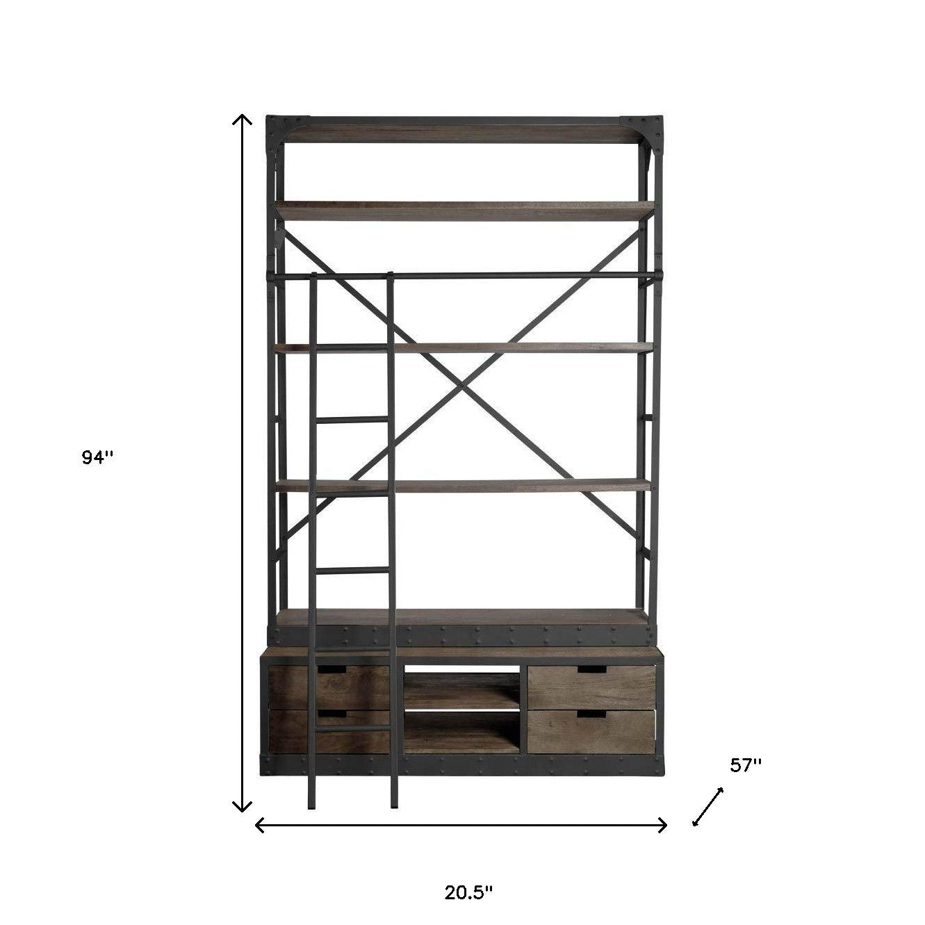 Wood Shelving Unit With Gun Metal Ladder And 4 Shelves - Brown