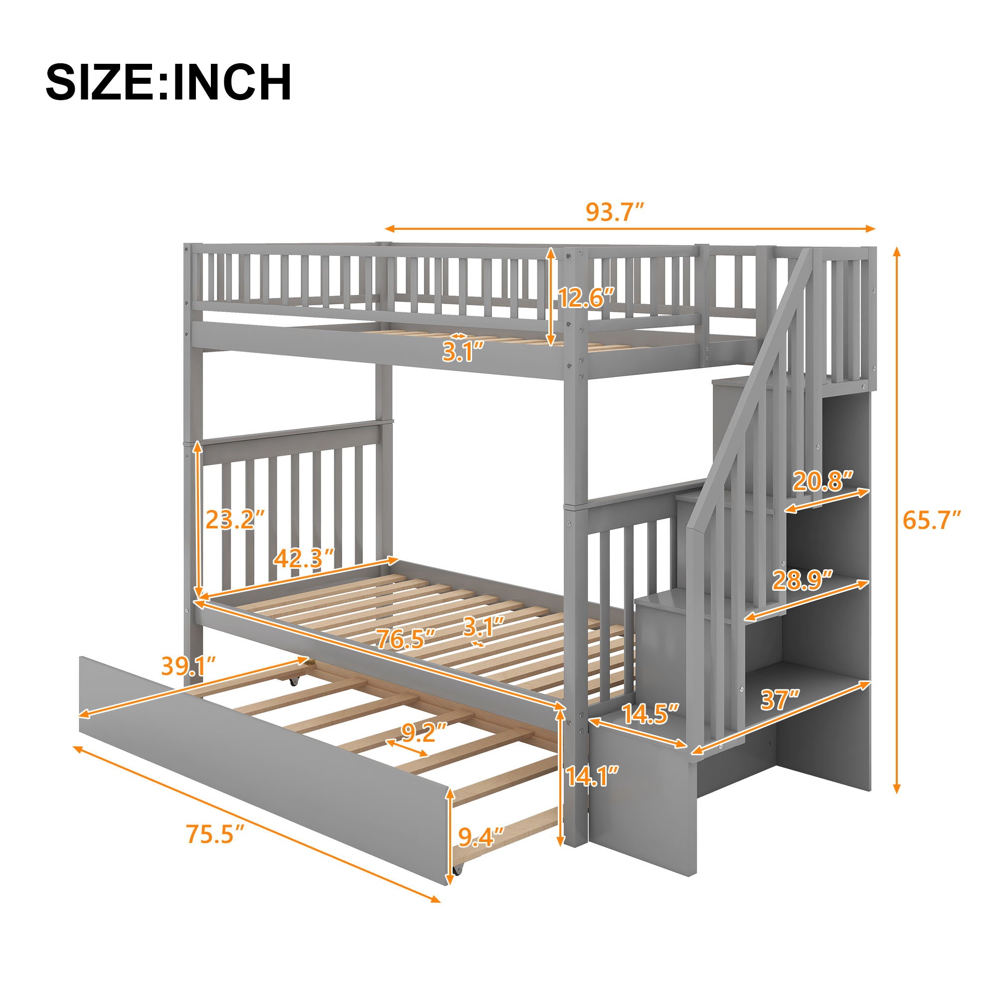 Twin Over Twin Bunk Bed With Trundle And Storage - Gray