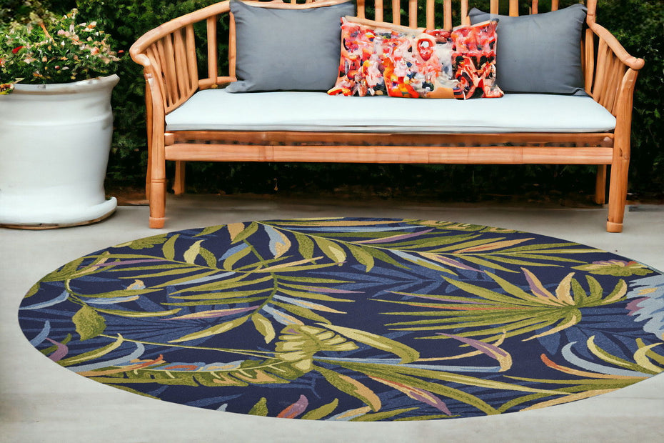 8' Hand Hooked UV Treated Oversized Tropical Leaves Round Indoor / Outdoor Area Rug - Ink Blue