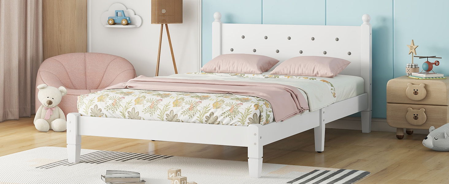 Twin Bed With Button-Decoration Headboard, With Bed Slats - White