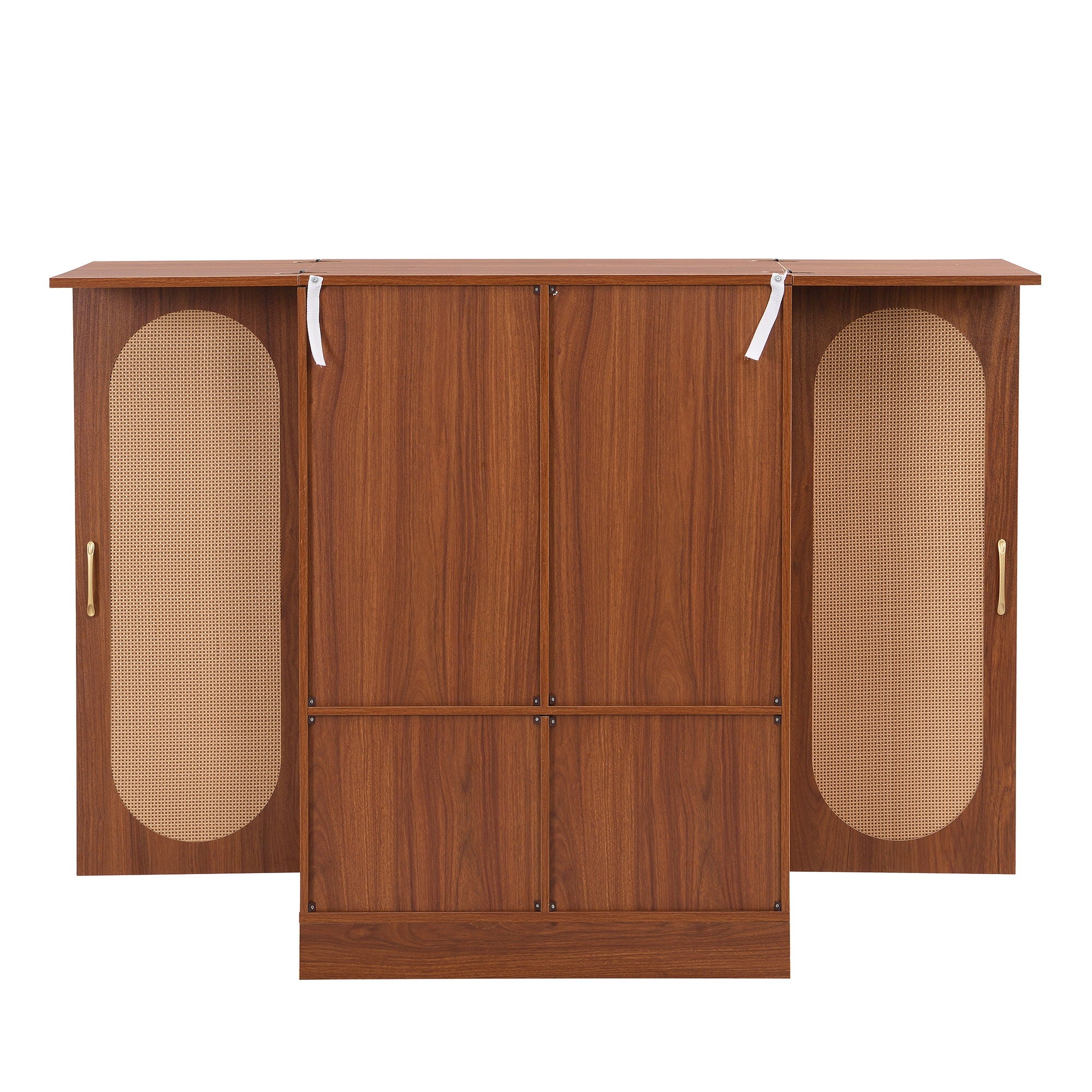 Home Bar Cabinet, Industrial Rattan Door Fold Out Bar Cabinet With Storage Bar Table - Walnut