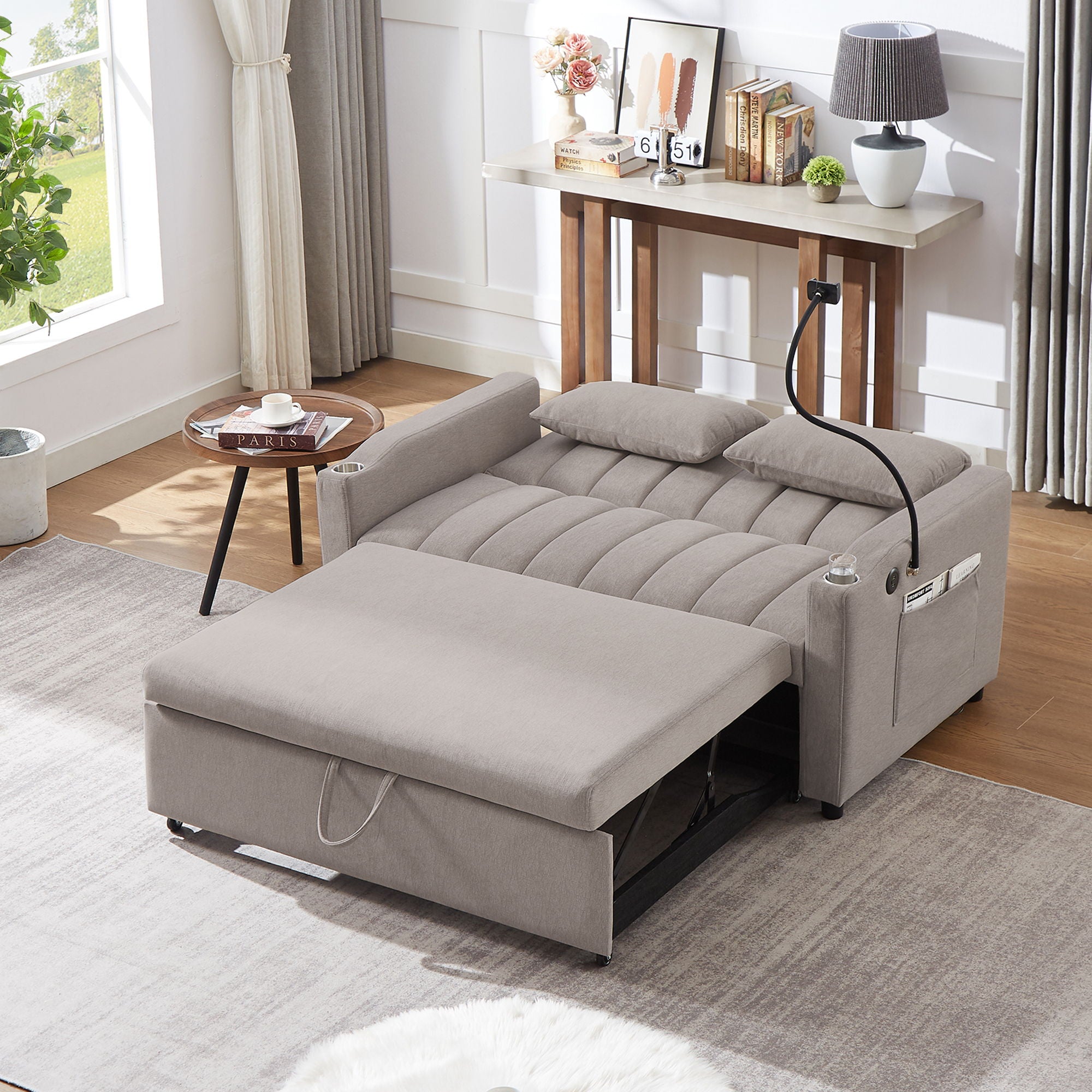 Convertible Sofa Bed Loveseat Sofa With Three USB Ports, Two Side Pockets, Two Cup Holders And 360° swivel Phone Holder For Living Room