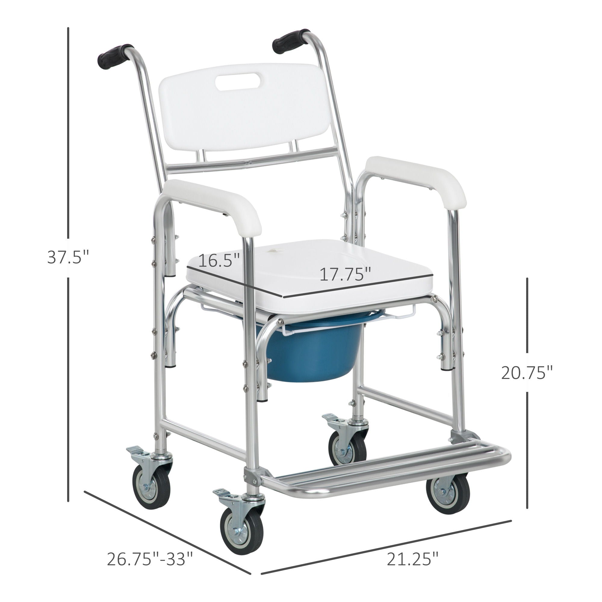 Homcom - Shower Commode Wheelchair, Padded Seat, 330 Lbs - White