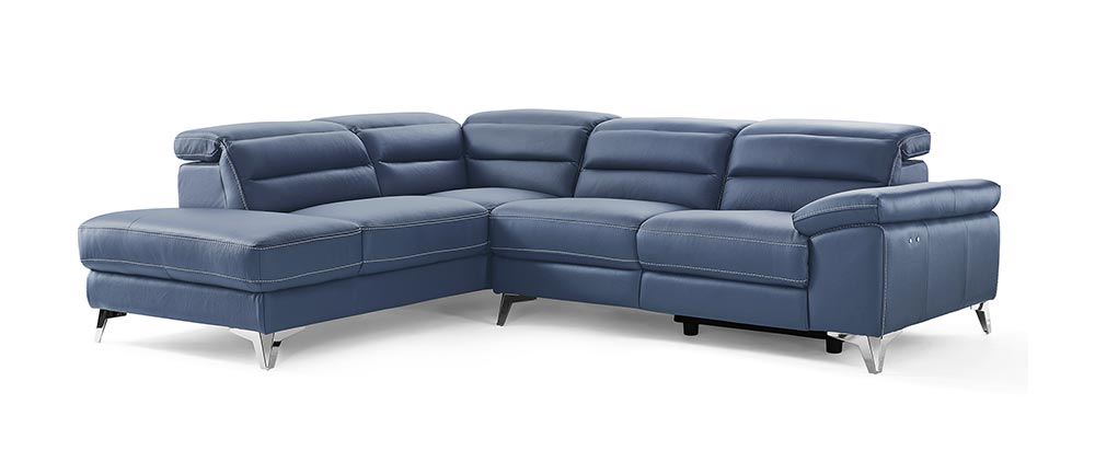 Top Grain Leather Reclining L Shaped Two Piece Sofa And Chaise Sectional - Navy Blue