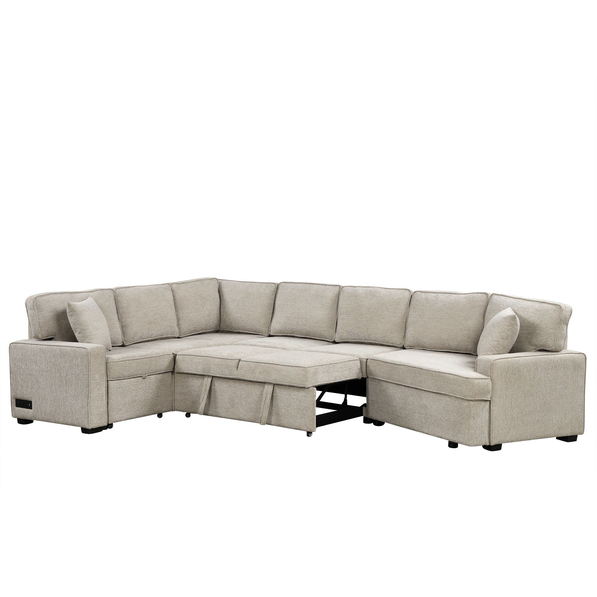 L-Shaped Sofa Sectional Sofa Couch Pull-Out Sofa Bed With Charging Devices And Cup Holders For Living Room