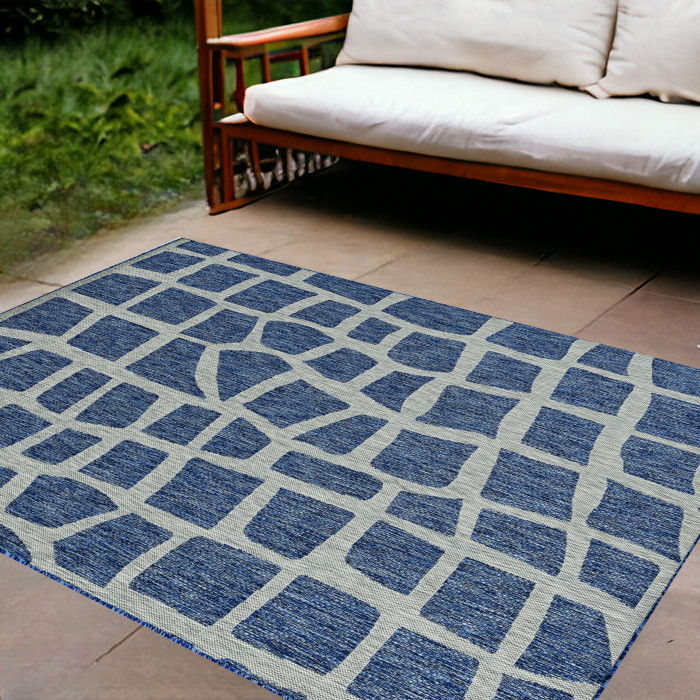 8' X 11' Machine Woven UV Treated Abstract Indoor / Outdoor Area Rug - Blue Gray