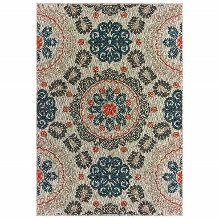 3' X 5' Damask Indoor / Outdoor Area Rug - Blue / Gray