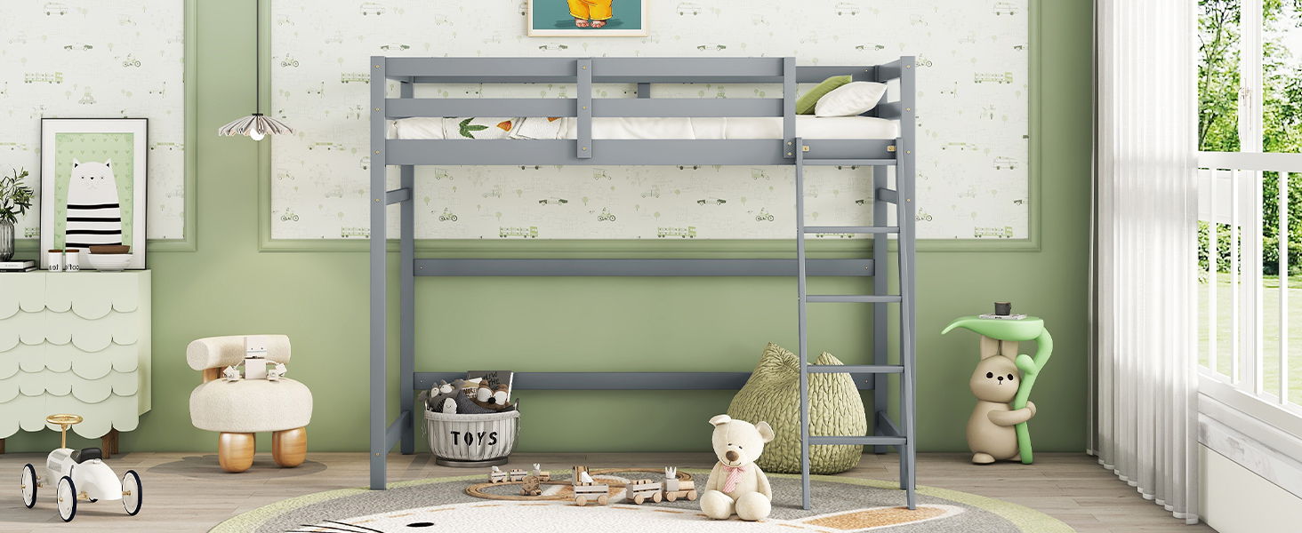 High Loft Bed With Inclined Ladder, Guardrails