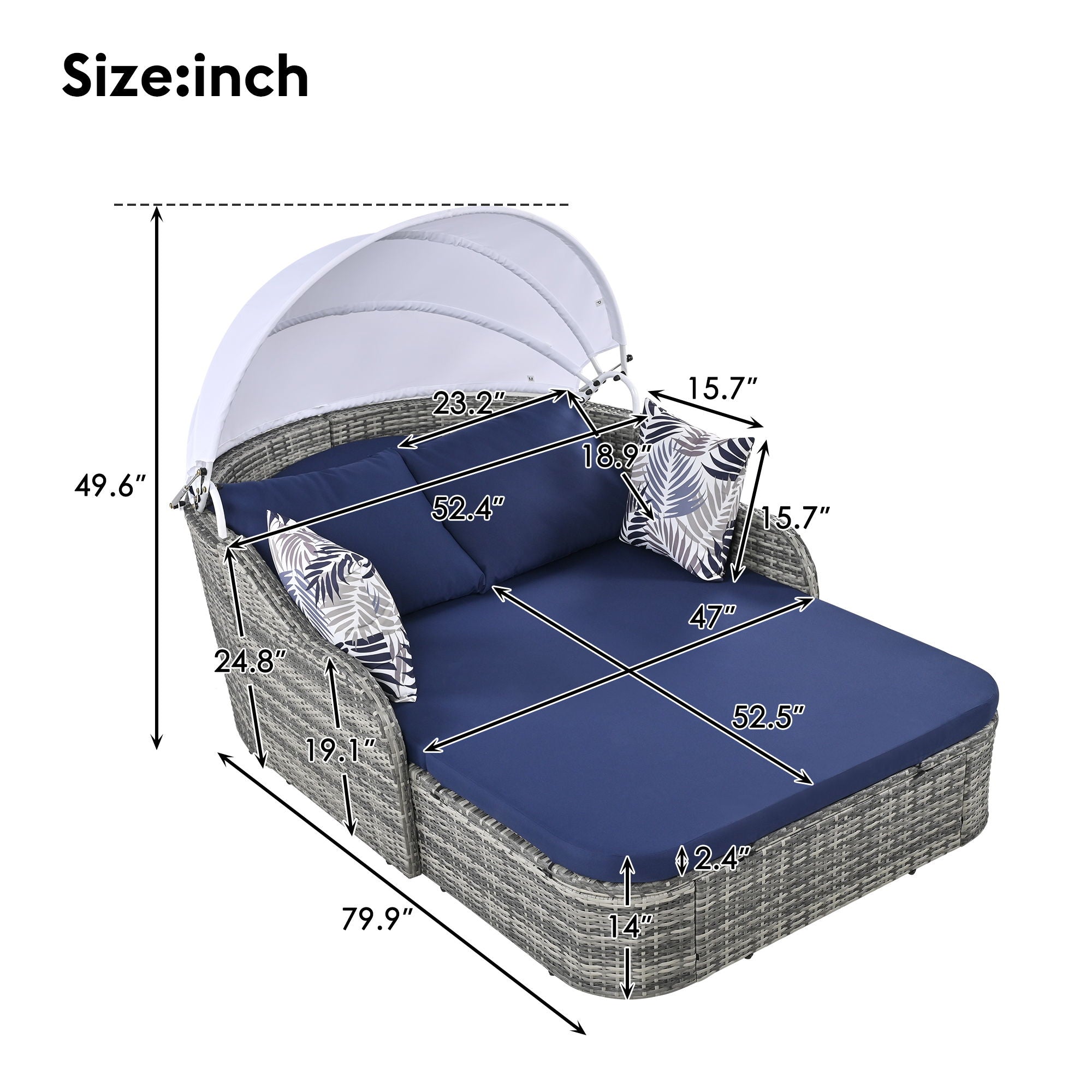 Outdoor Sunbed With Adjustable Canopy, Daybed With Pillows, Double Lounge, PE Rattan Daybed