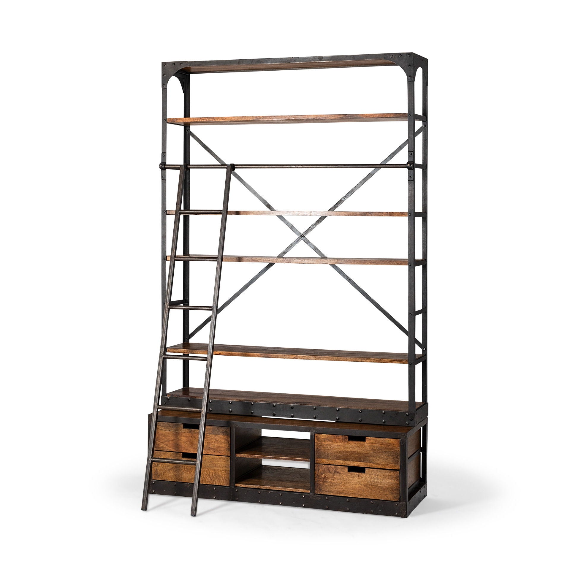 Wood Shelving Unit With Copper Ladder And 4 Shelves - Medium Brown