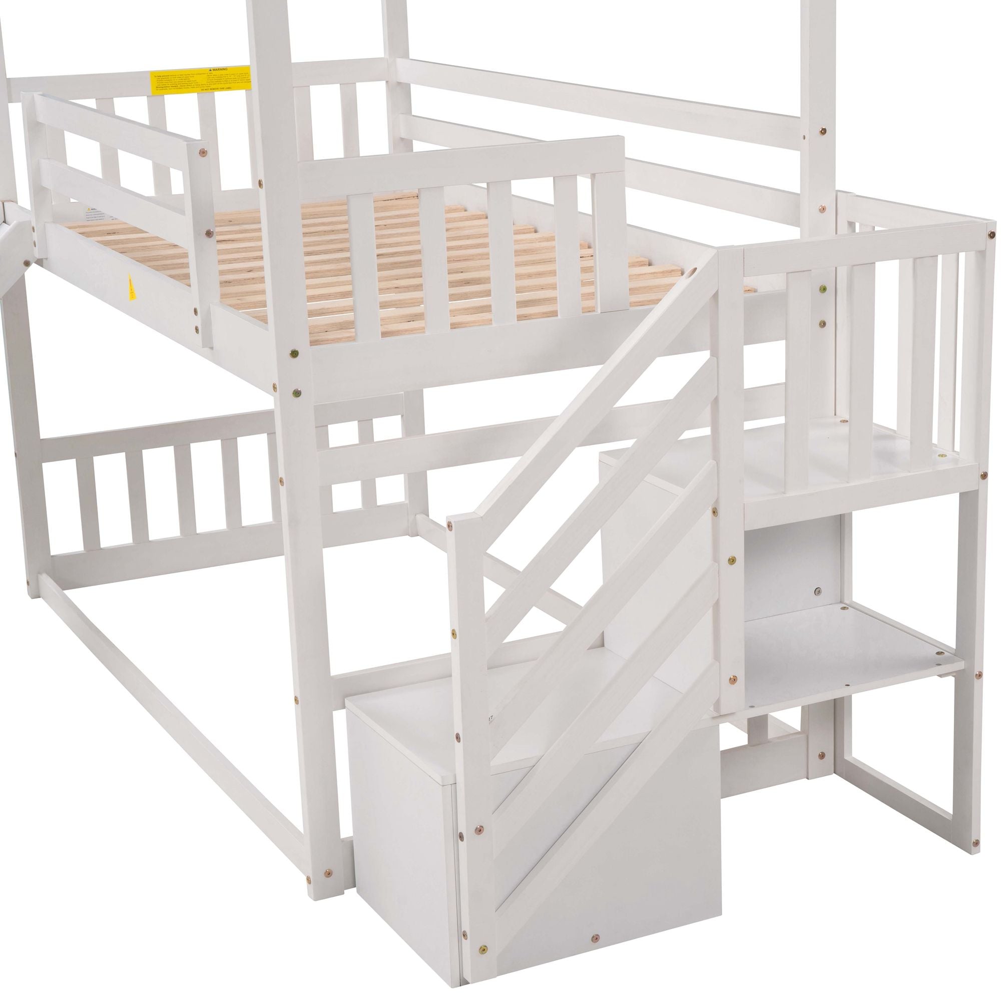 Twin Over Twin House Bunk Bed With Convertible Slide, Storage Staircase