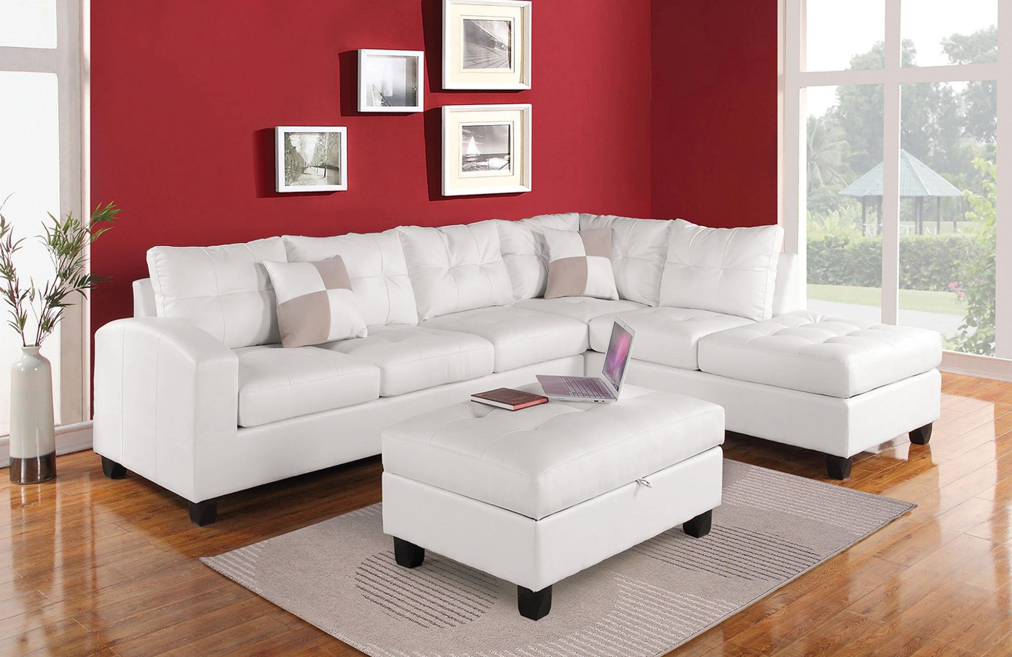 Bonded Leather Reversible Sectional Sofa With 2 Pillows - White