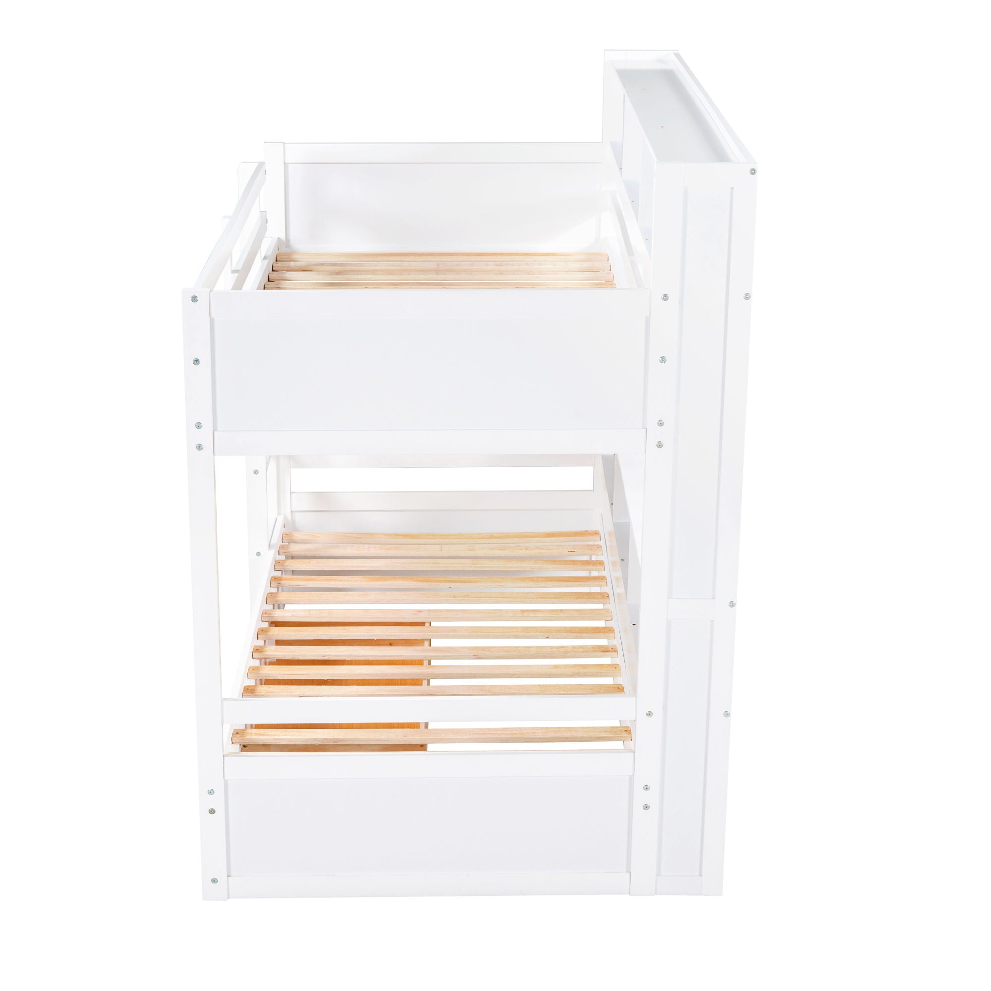 Twin Size Bunk Bed With Built-In Shelves Beside Both Upper And Down Bed And Storage Drawer