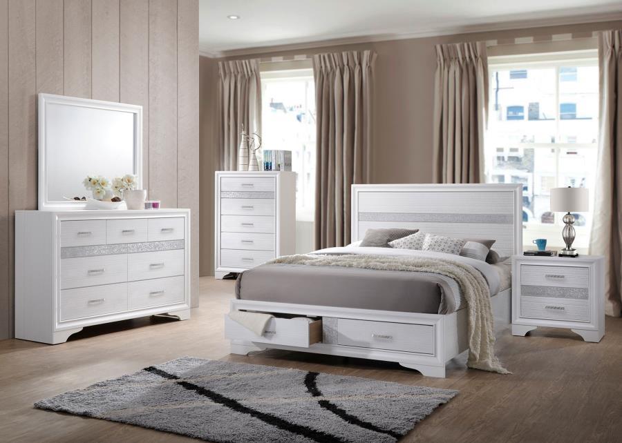 Miranda - Storage Bedroom Set White 5 Pc. Bed, Nightstand, Dresser, Mirror, Chest King by CoasterEveryday | Bel Furniture