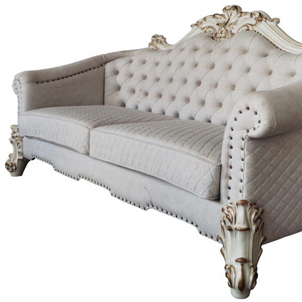 Velvet Sofa And Toss Pillows With Pearl Legs - Ivory