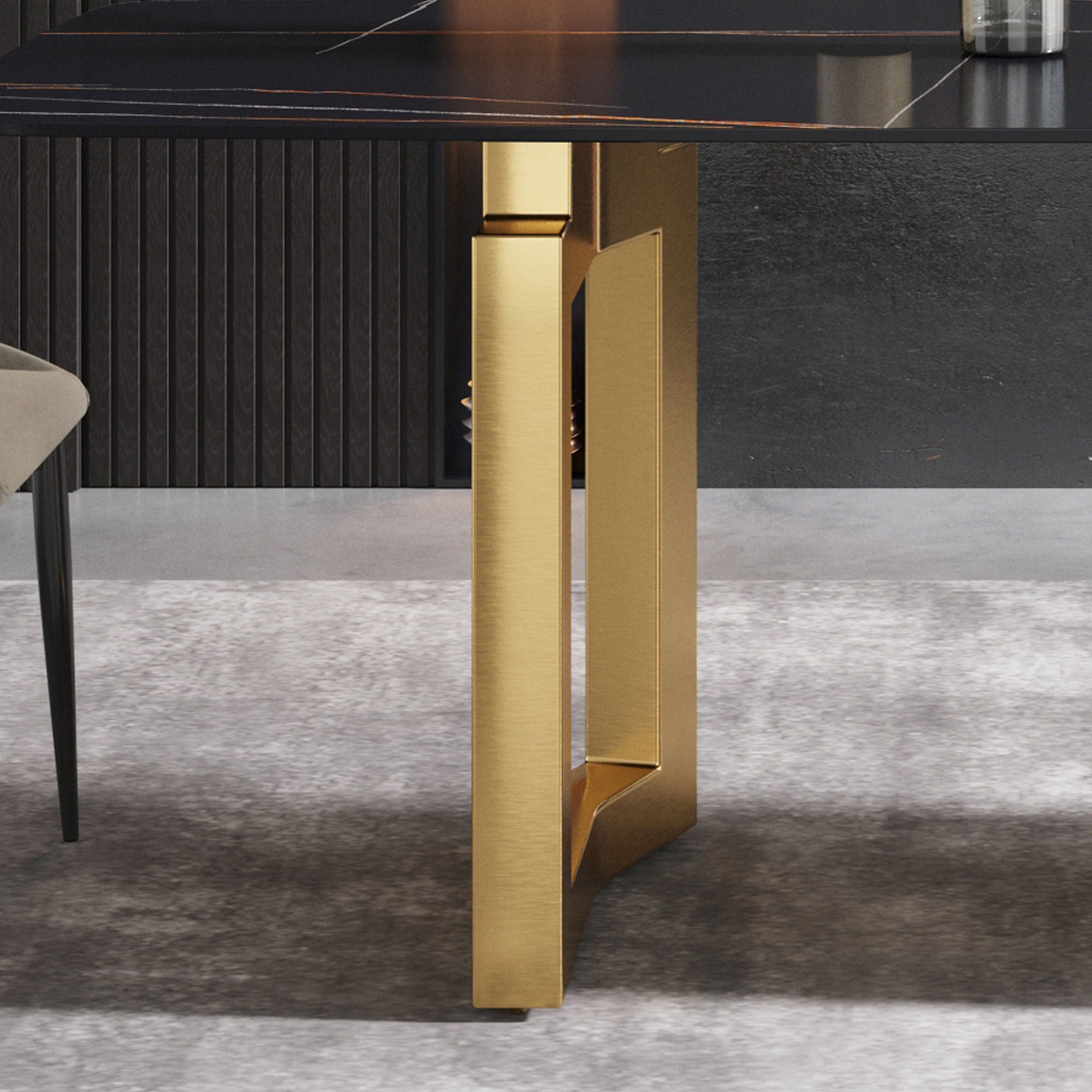 63" Artificial Stone Curved Golden Metal Leg Dining Table, 6 People - Black / Gold