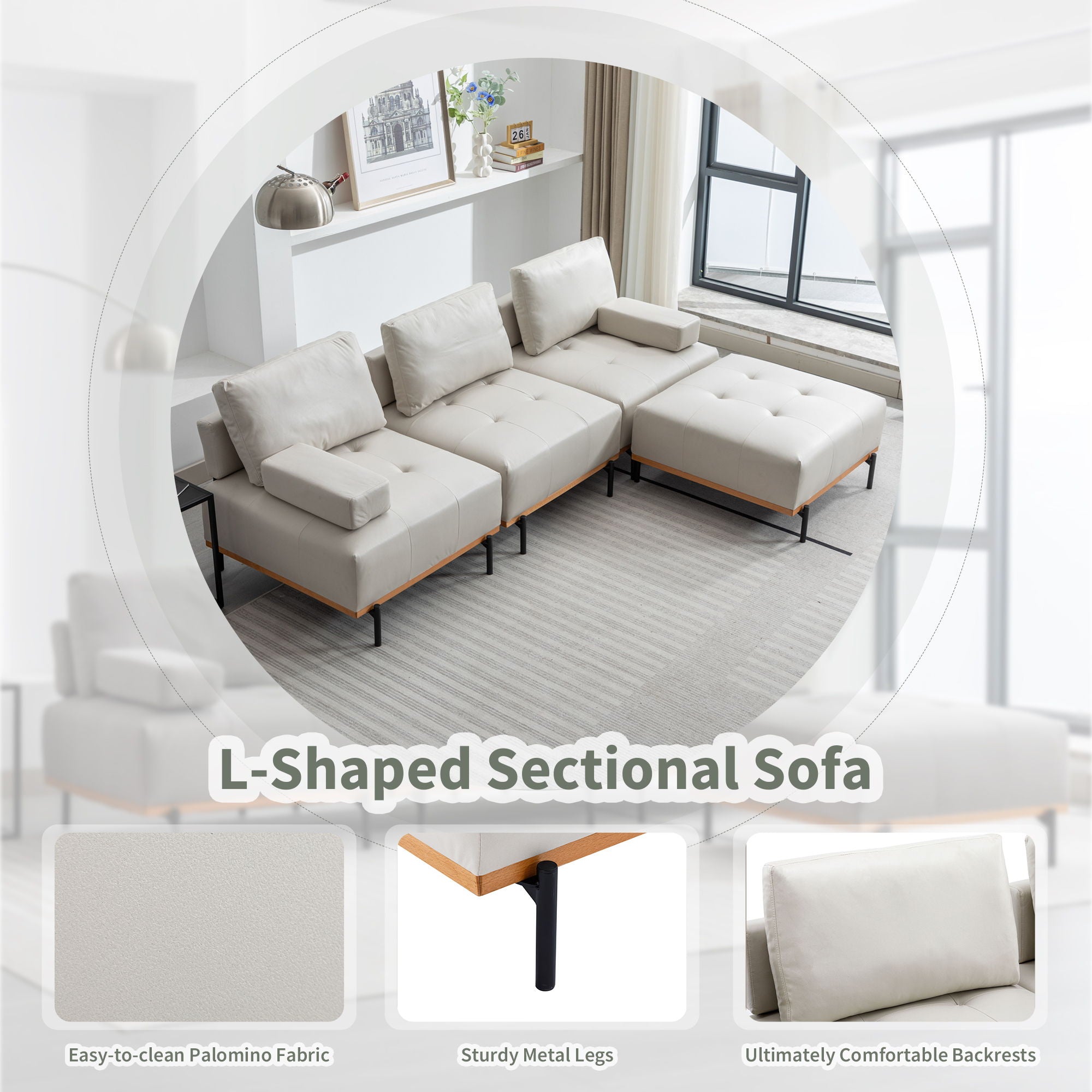 L-Shape Sectional Sofa 3 Seater Couches With A Removable Ottoman, Comfortable For Living Room