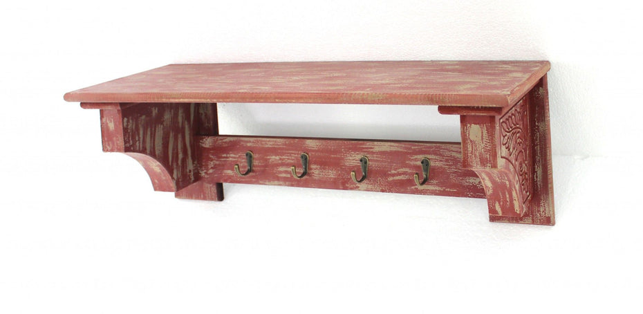 Vintage Wooden 4 Metal Hooks Wall Shelf - Red