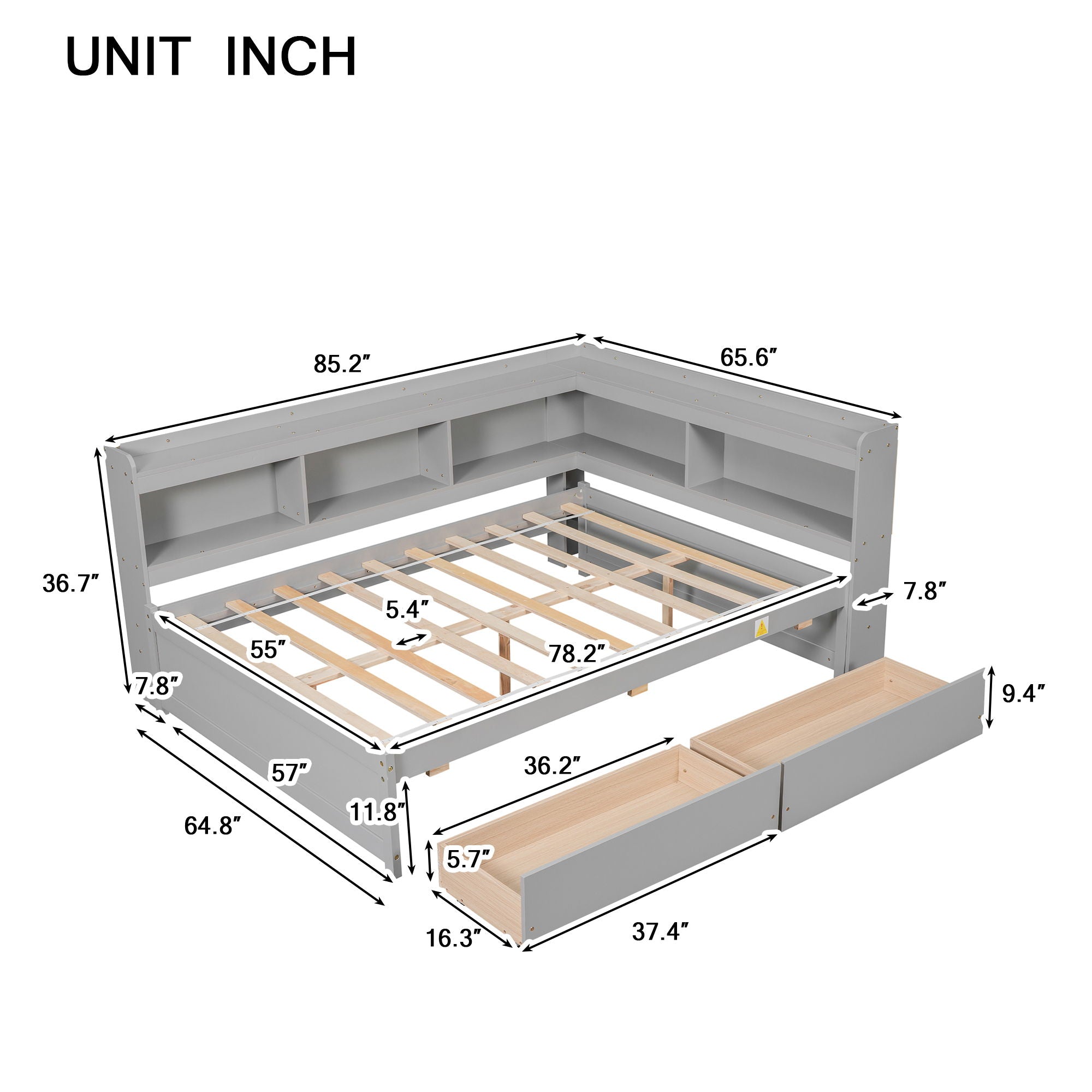 Full Bed With L-Shaped Bookcases, Drawers