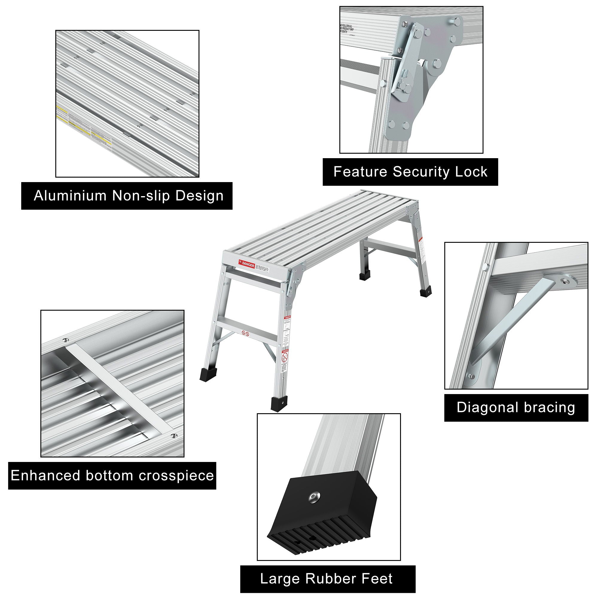 Work Platform Aluminum Portable Bench Folding Ladder Ansi Capacity 225 Lbs 40" - Gray