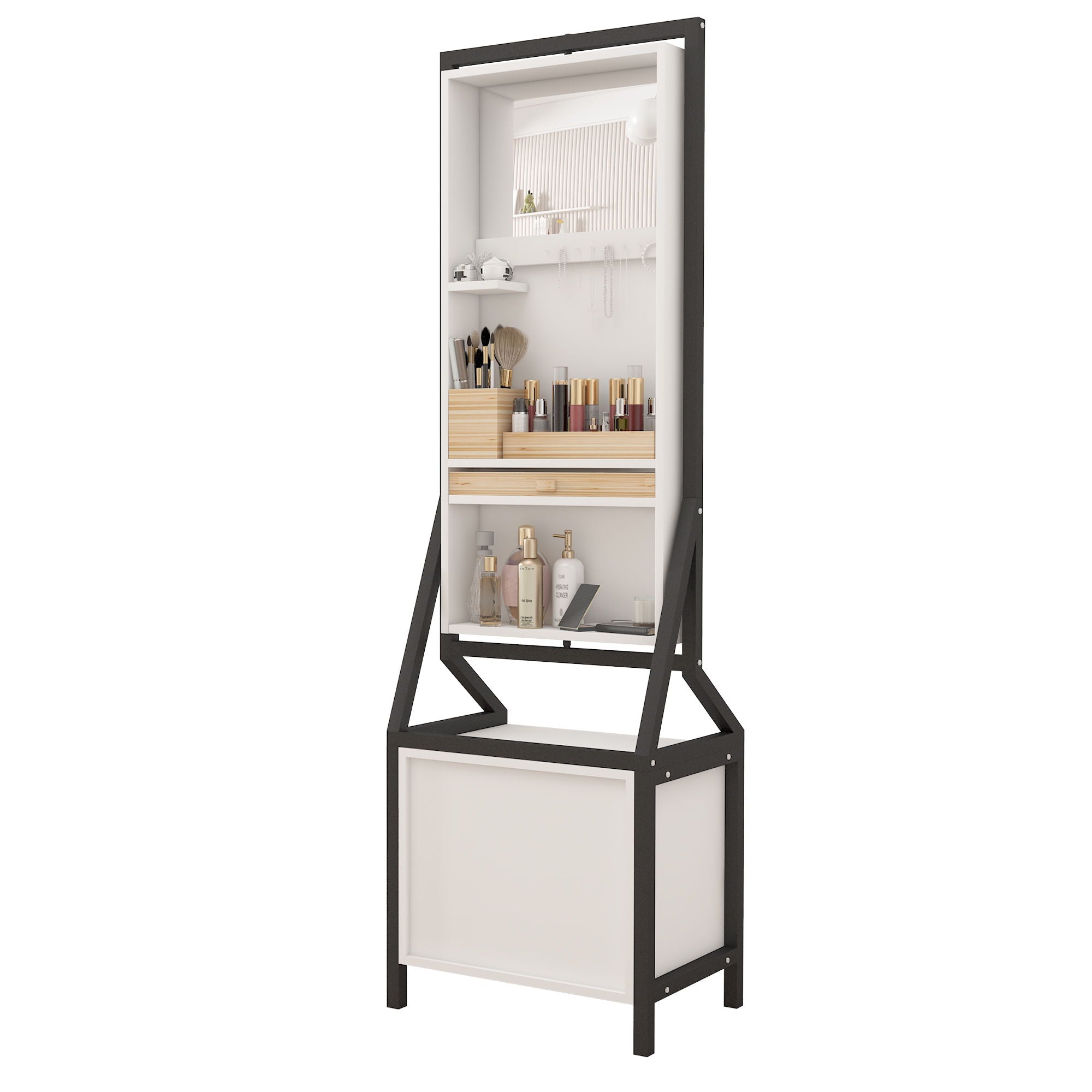 Modern Design Rotating Floor Standing Mirror Closet & Spacious Storage Area - White