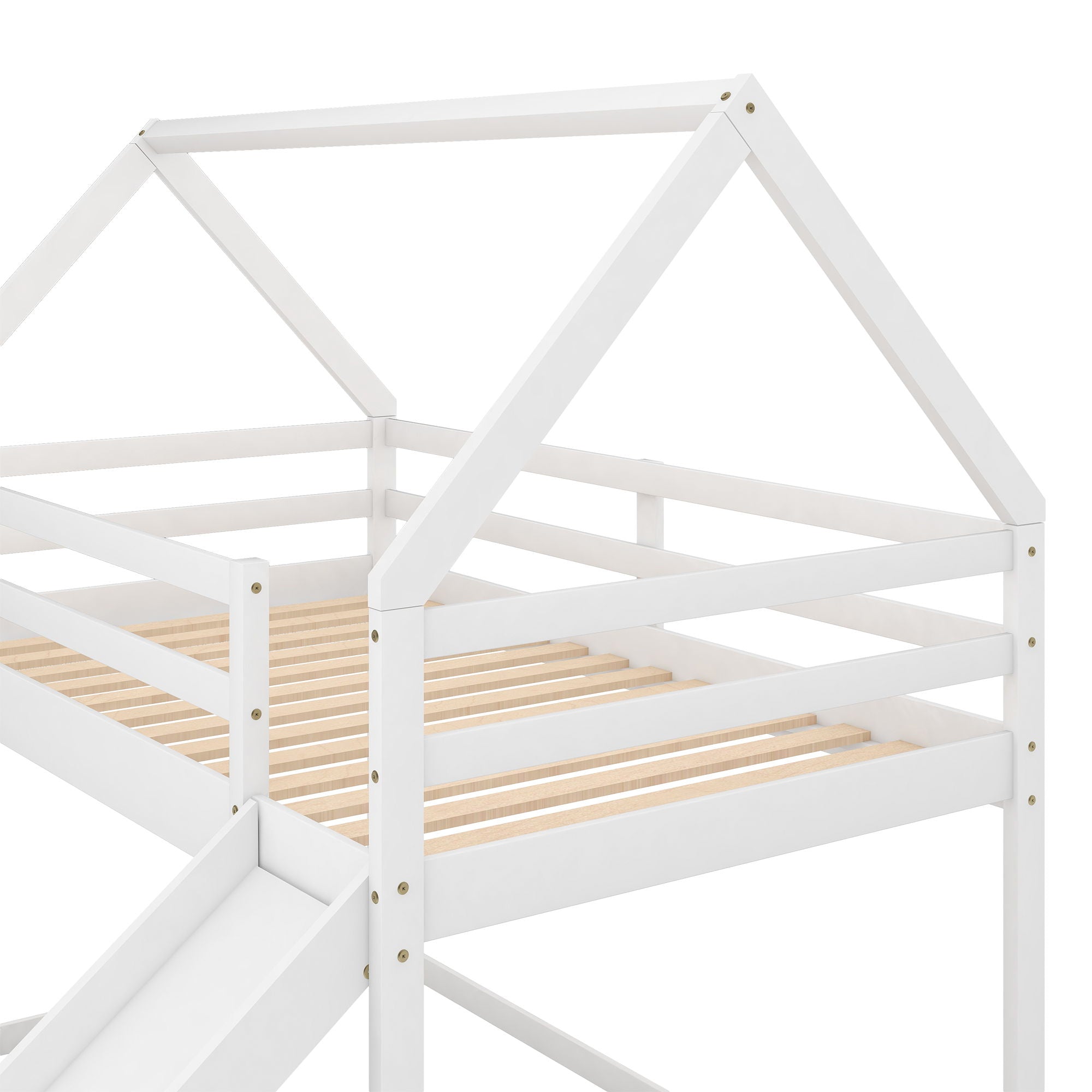 Twin Size Bunk House Bed With Slide And Ladder - White