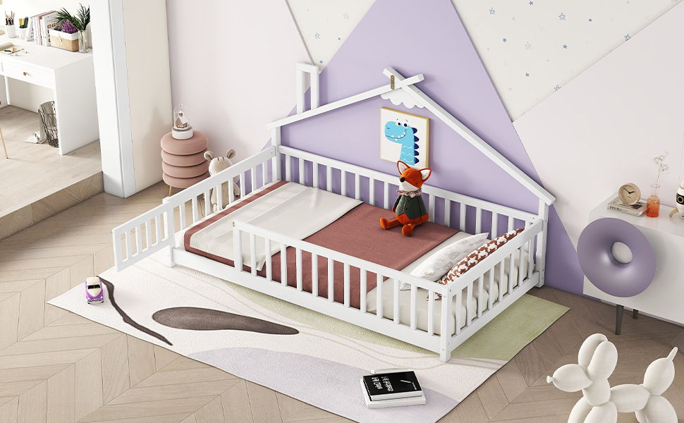 House-Shaped Bedside Floor Bed With Guardrails, Slats, With Door