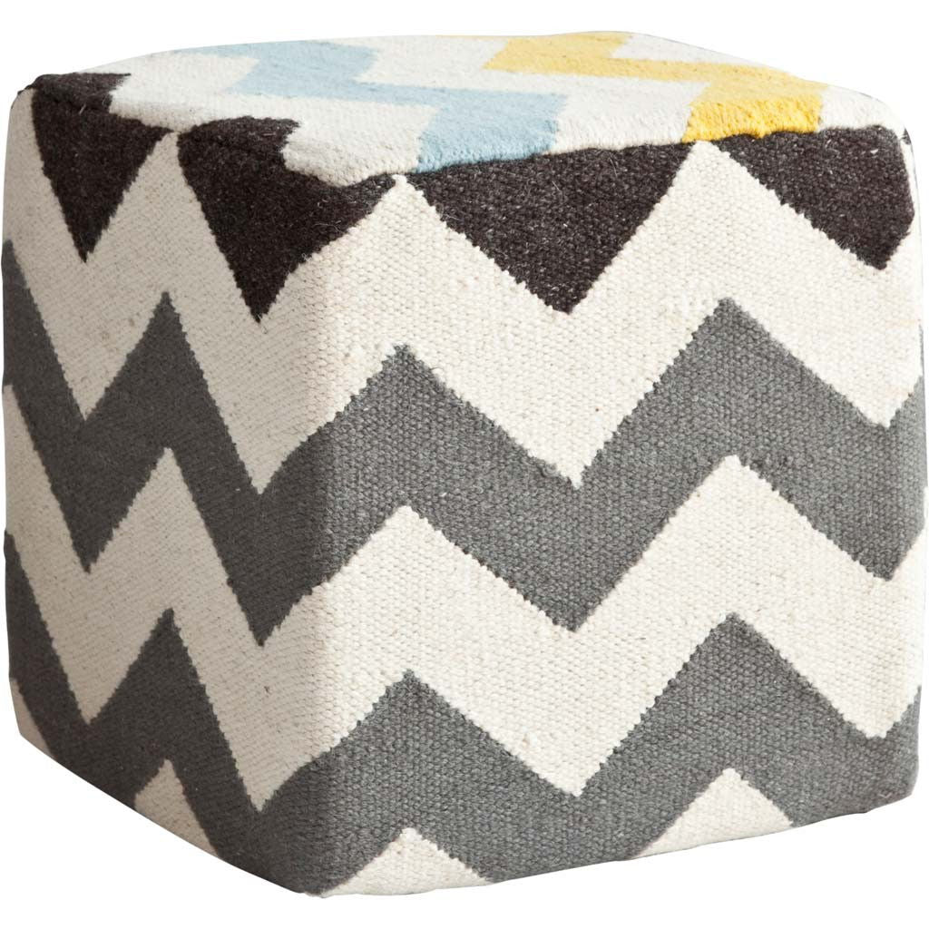 Wool Square Pouf With Zig Zag Pattern - Ivory / Charcoal