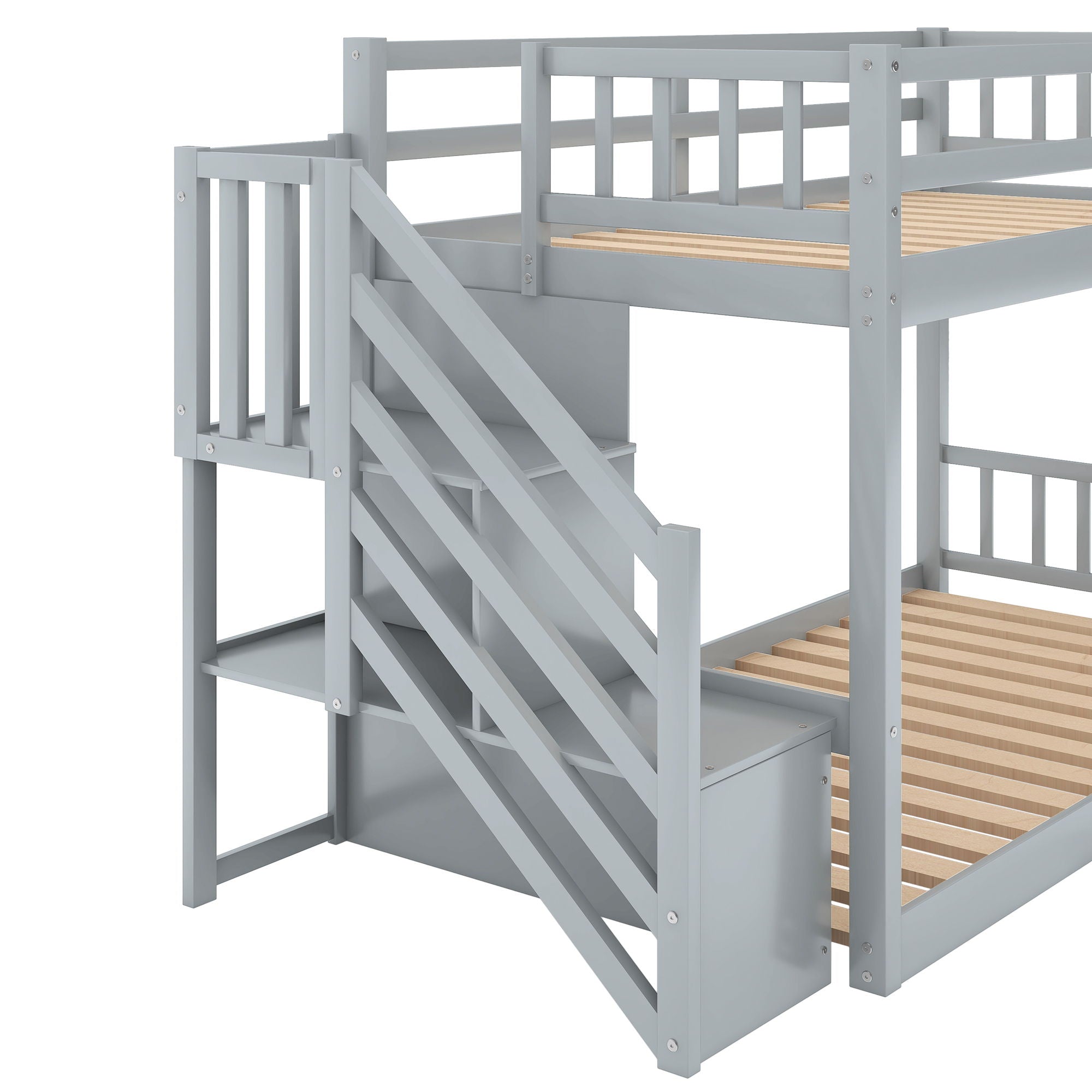 Twin Over Twin Floor Bunk Bed, Ladder With Storage