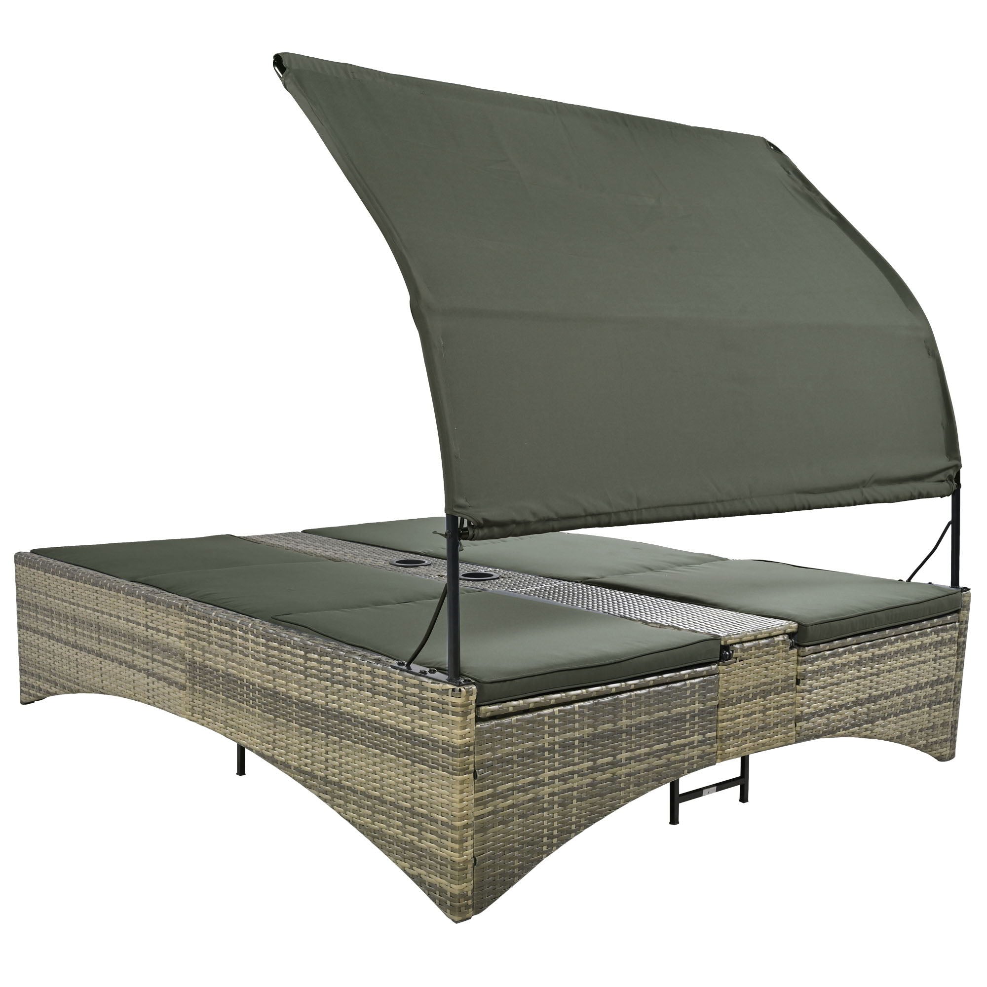 Patio Daybed Outdoor Daybed Sun Lounger With Shelter Roof With Adjustable Backrest, Storage Box And 2 Cup Holders For Patio, Balcony, Poolside