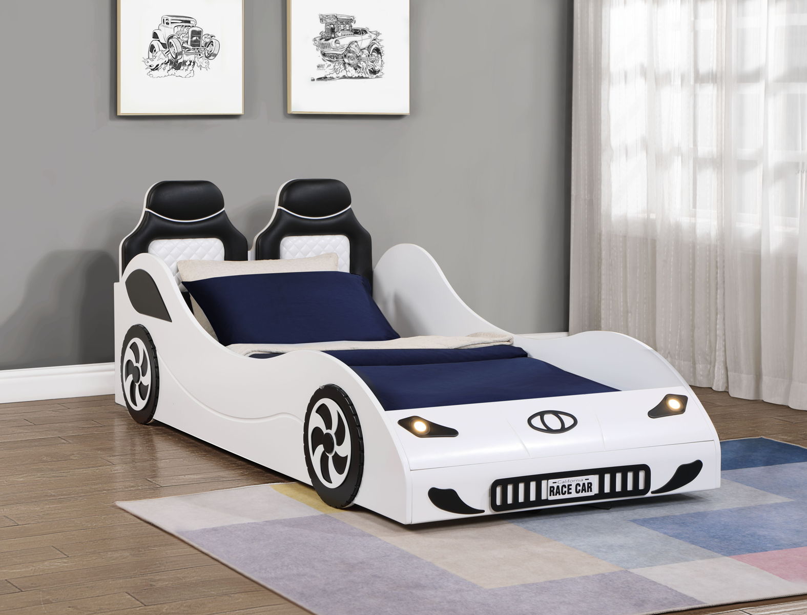 Colen - Twin Car Bed With LED - White