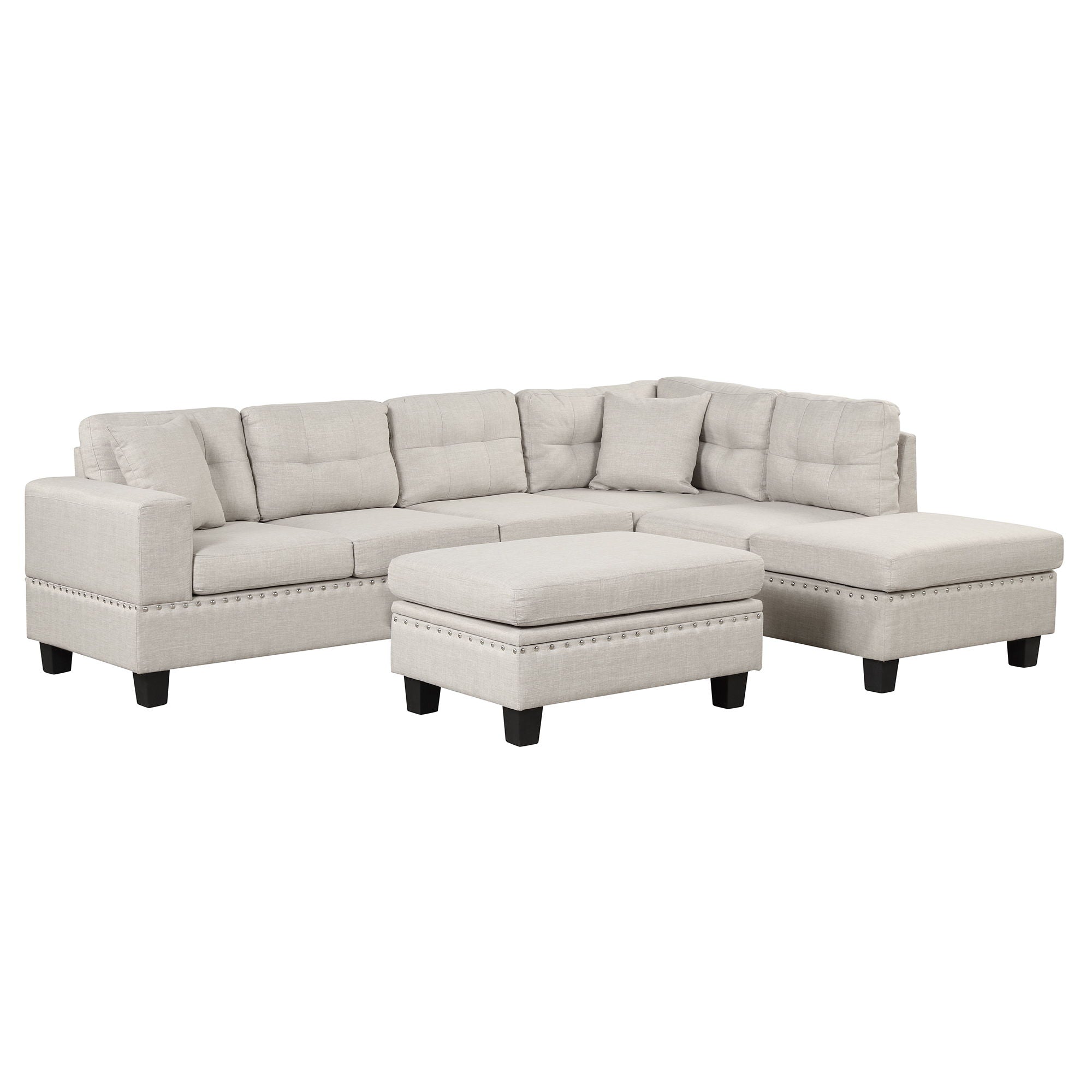 Modern Sectional Sofa With Storage Ottoman, L-Shape Couch With 2 Pillows And Cup Holder, Sectional Sofa With Reversible Chaise For Living Room