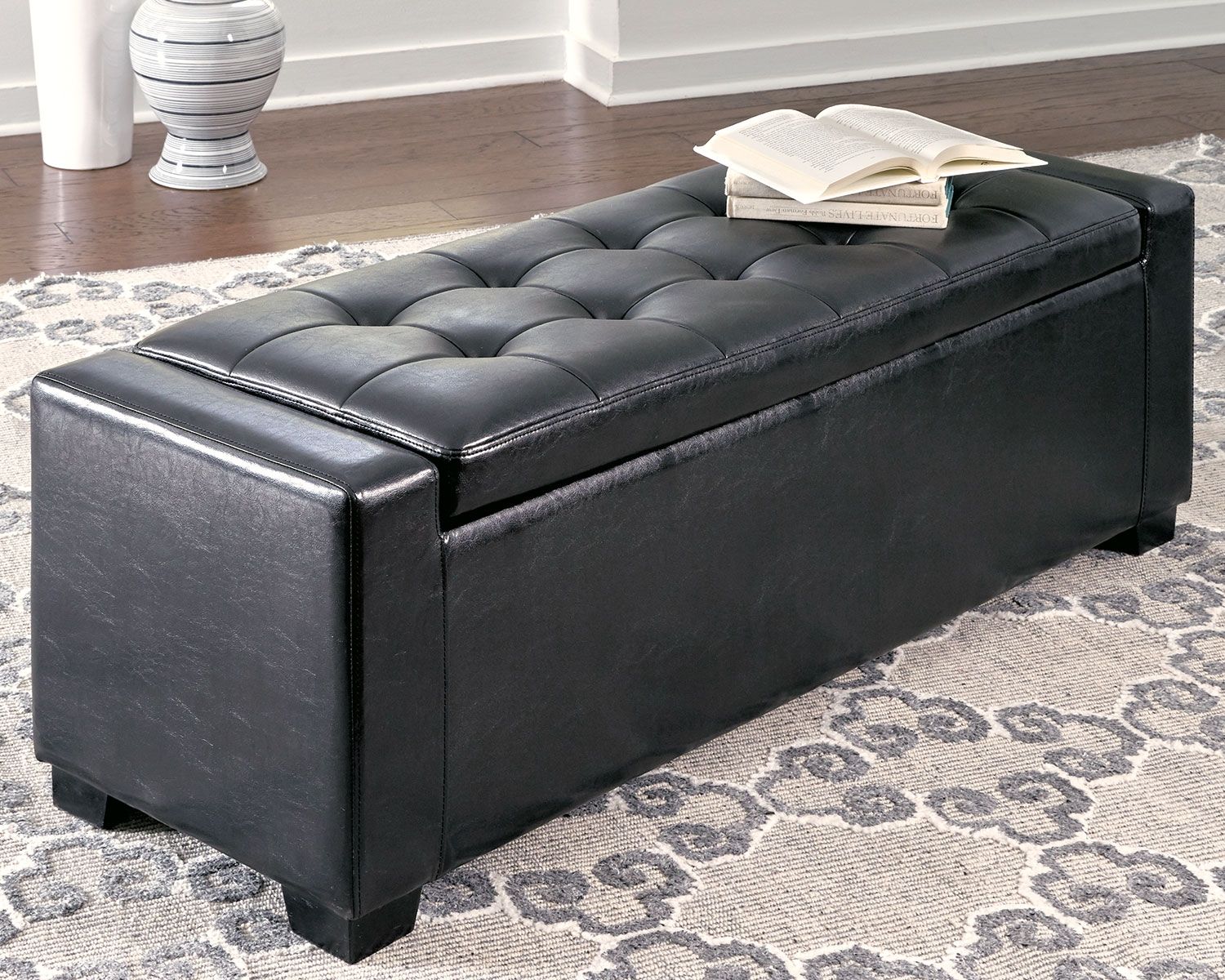 Benches - Black - Upholstered Storage Bench - Faux Leather