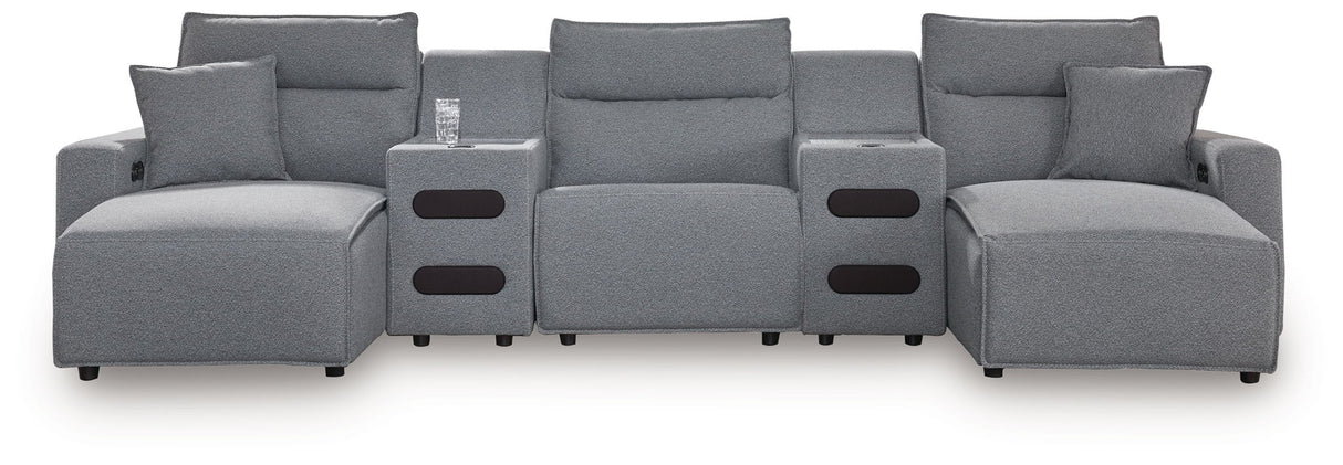 Modmax - Salt And Pepper - Reclining Sectional Gray 5 Pc. Double Chaise Power Reclining Sectional With 2 Audio Consoles by Signature Design by Ashley® | Bel Furniture
