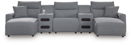 Modmax - Salt And Pepper - Reclining Sectional Gray 5 Pc. Double Chaise Power Reclining Sectional With 2 Audio Consoles by Signature Design by Ashley® | Bel Furniture