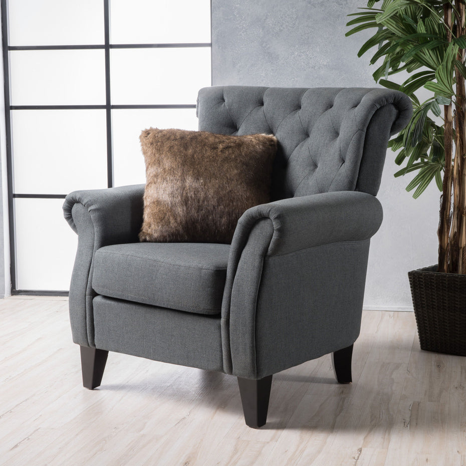 Comfy Accent Chair With Tufted Backrest, Bedroom Single Seat Arm Chair With Wooden Legs, Modern Side Chairs For Living Room - Dark Gray