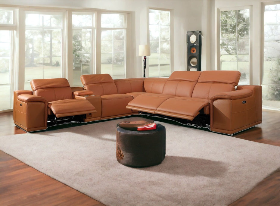 Italian Leather Power Reclining U Shaped Six Piece Corner Sectional With Console - Camel