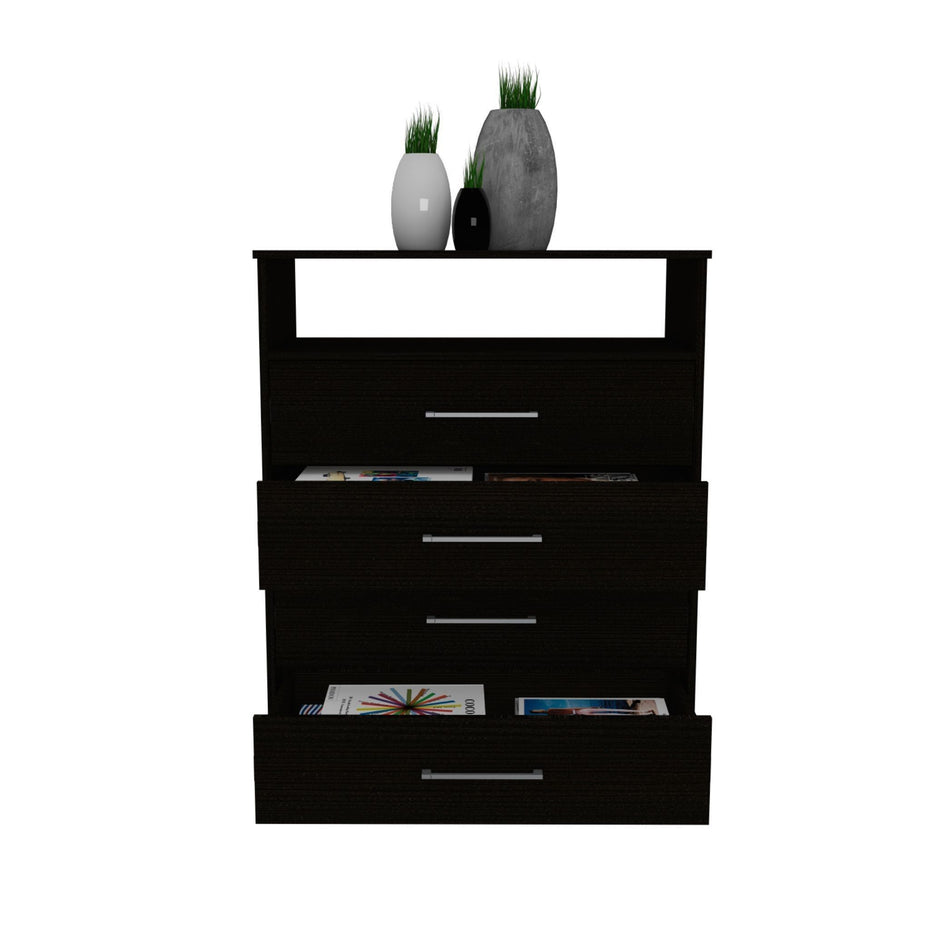 Modern Four Drawer Dresser With Hutch - Black