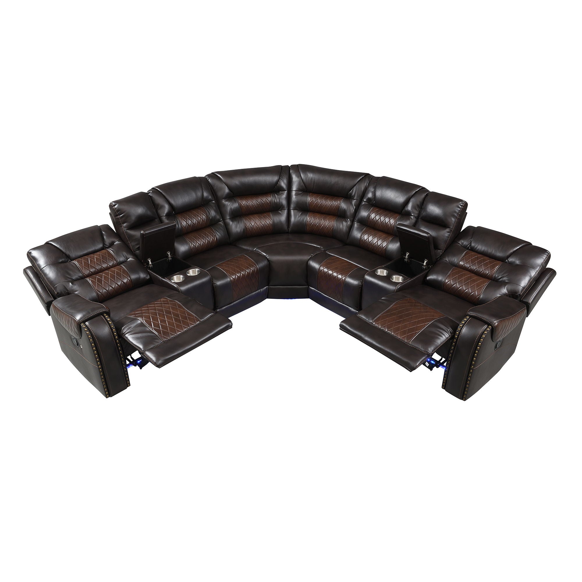 Manual Reclining Sectional Sofa Set L Shaped Symmetrical Motion Sofa Corner Couch Sets With Storage Boxes, 4 Cup Holders And Led Light Strip For Living Room - Brown