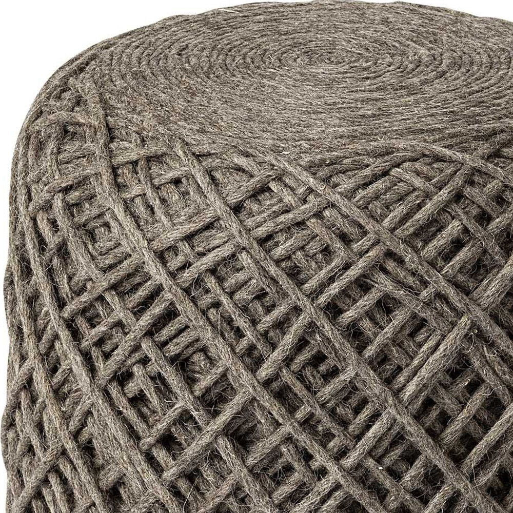 Wool Cylindrical Pouf With Diamond Pattern - Brown