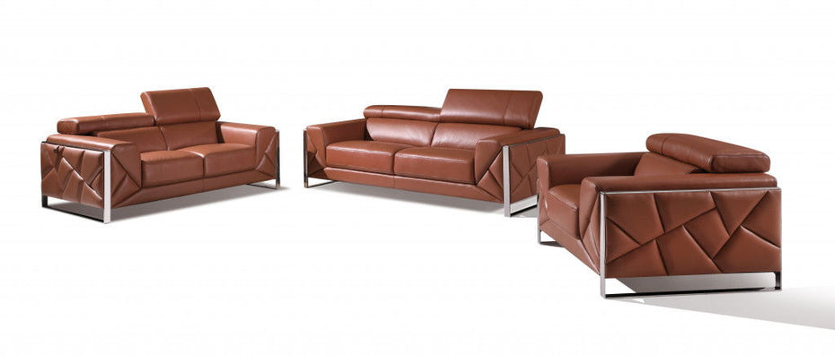 Three Piece Italian Leather Indoor Six Person Seating Set - Camel