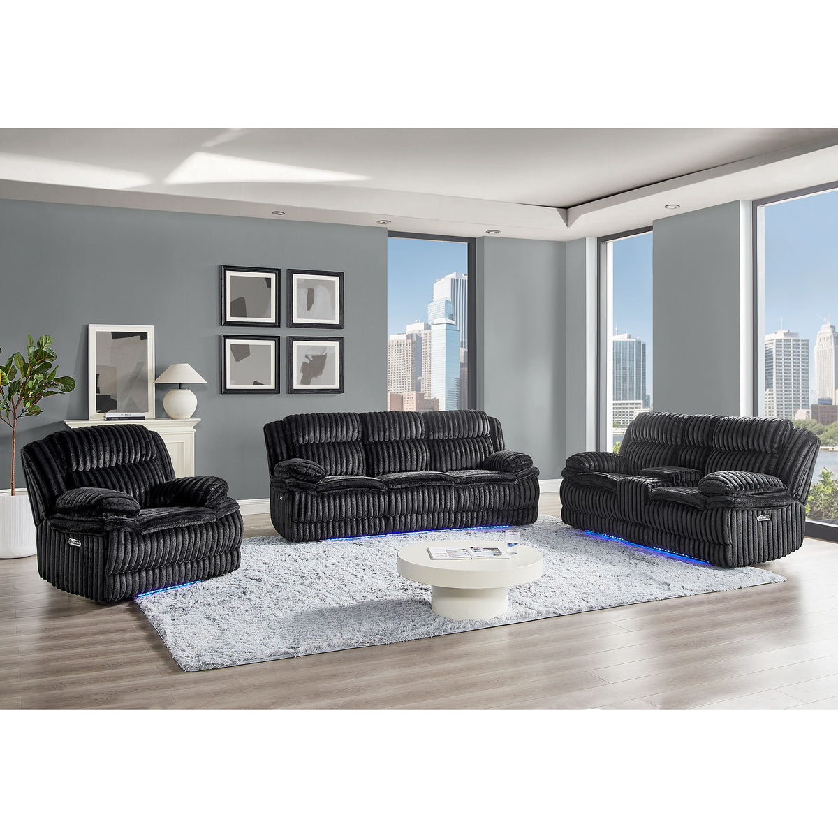 Winston - Power Reclining Sofa With LED Lighting, Hidden Drawer, And Drop Down Table - Black