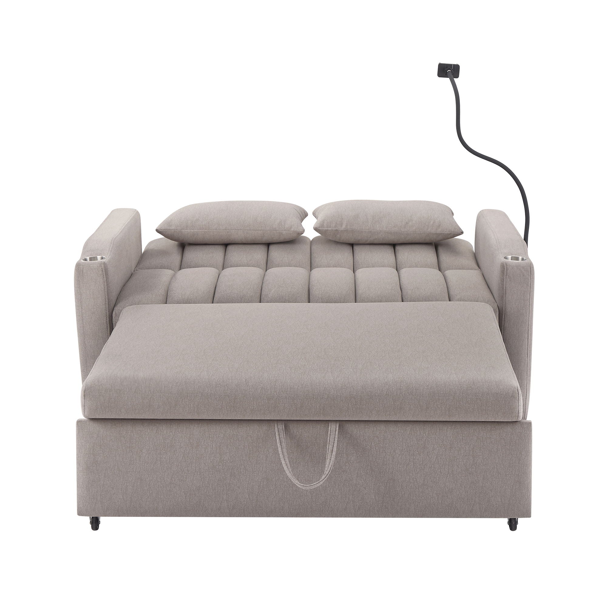 Convertible Sofa Bed Loveseat Sofa With Three USB Ports, Two Side Pockets, Two Cup Holders And 360° swivel Phone Holder For Living Room