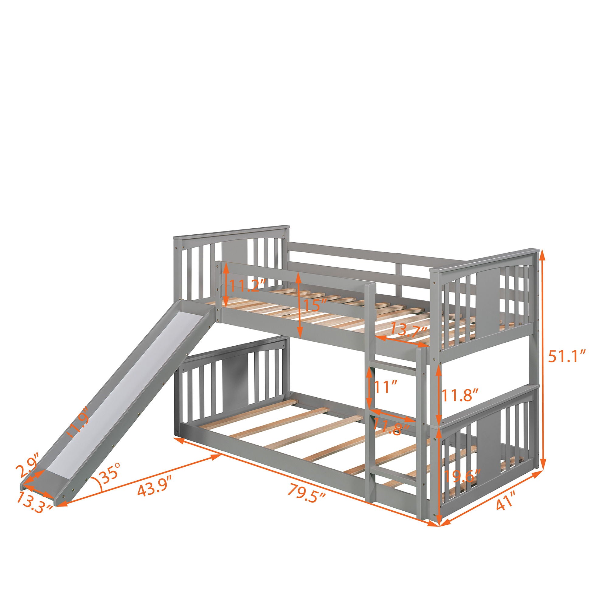 Twin Over Twin Bunk Bed With Slide And Ladder - Gray