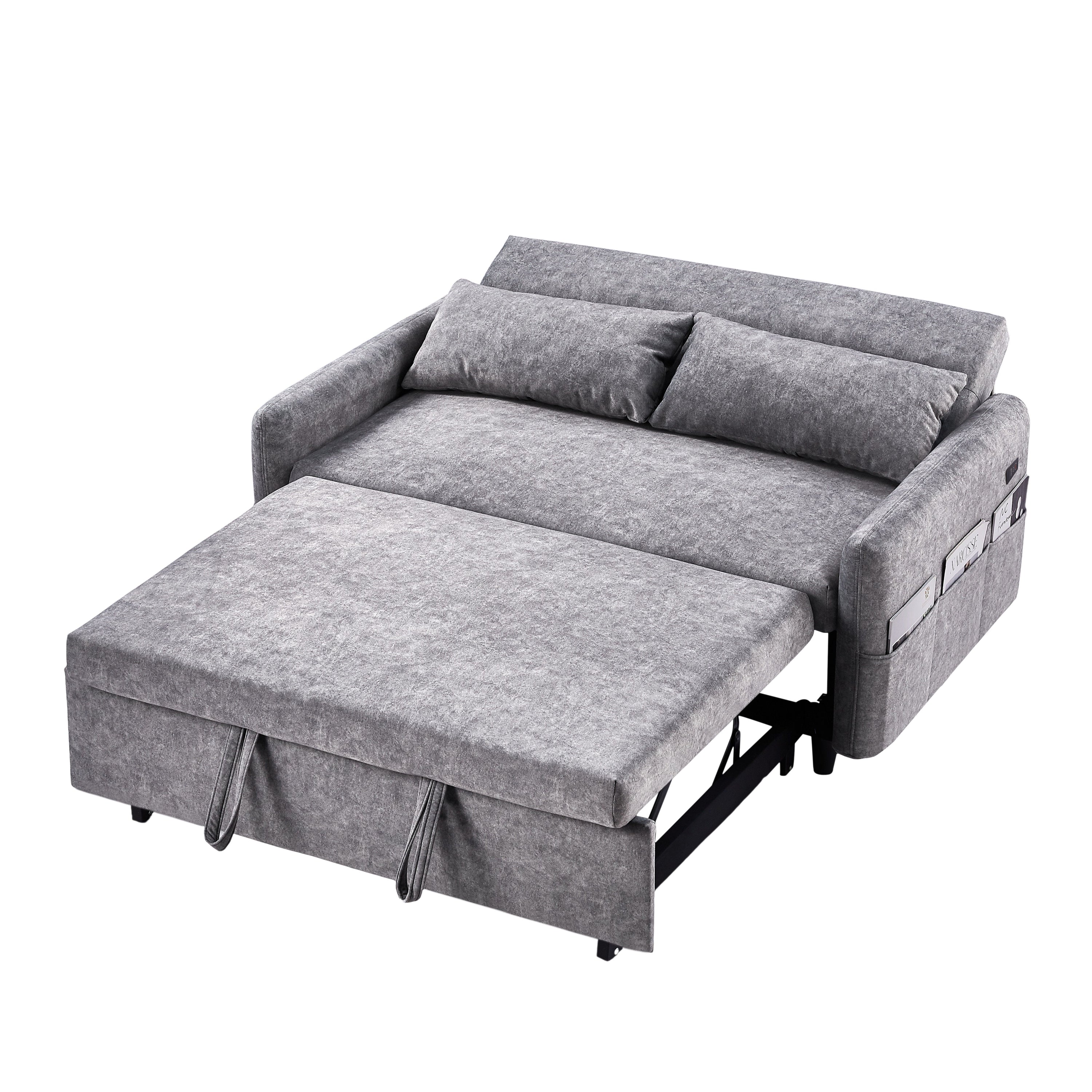 Pull Out Sleep Sofa Bed Loveseats Sofa Couch With Adjsutable Backrest, Storage Pockets, 2 Soft Pillows, USB Ports For Living Room, Bedroom, Apartment, Office