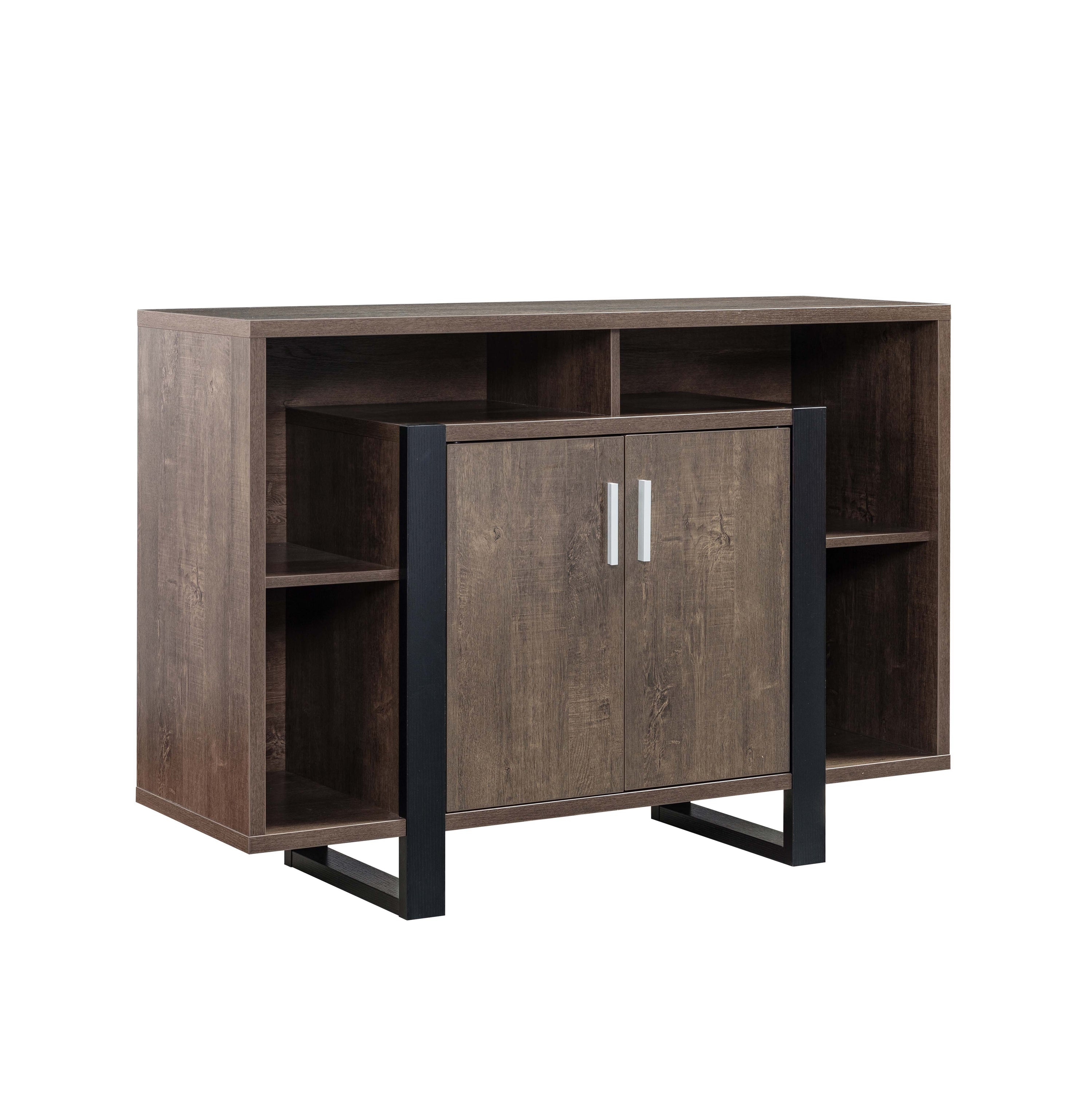 Wine Cabinet, Kitchen Bar Display Cabinet With 4 Shelves & Center Cabinet - Walnut Oak / Black